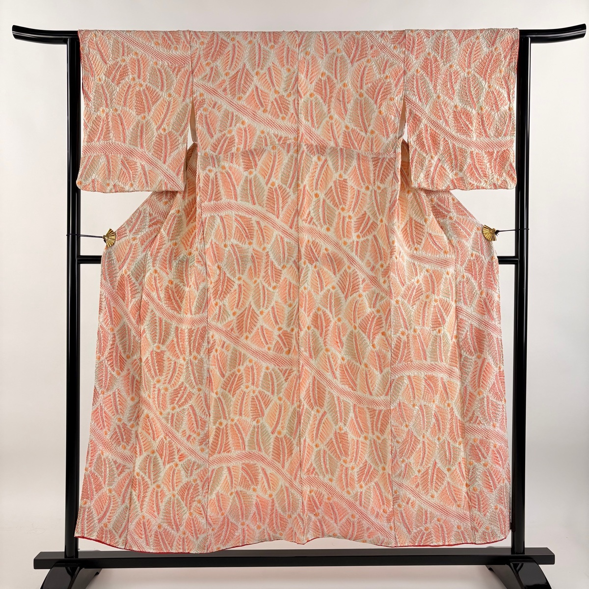 小紋 身丈152cm 裄丈63.5cm S 袷 若松 総絞り サーモンピンク 正絹 美品 秀品 【中古】拍卖