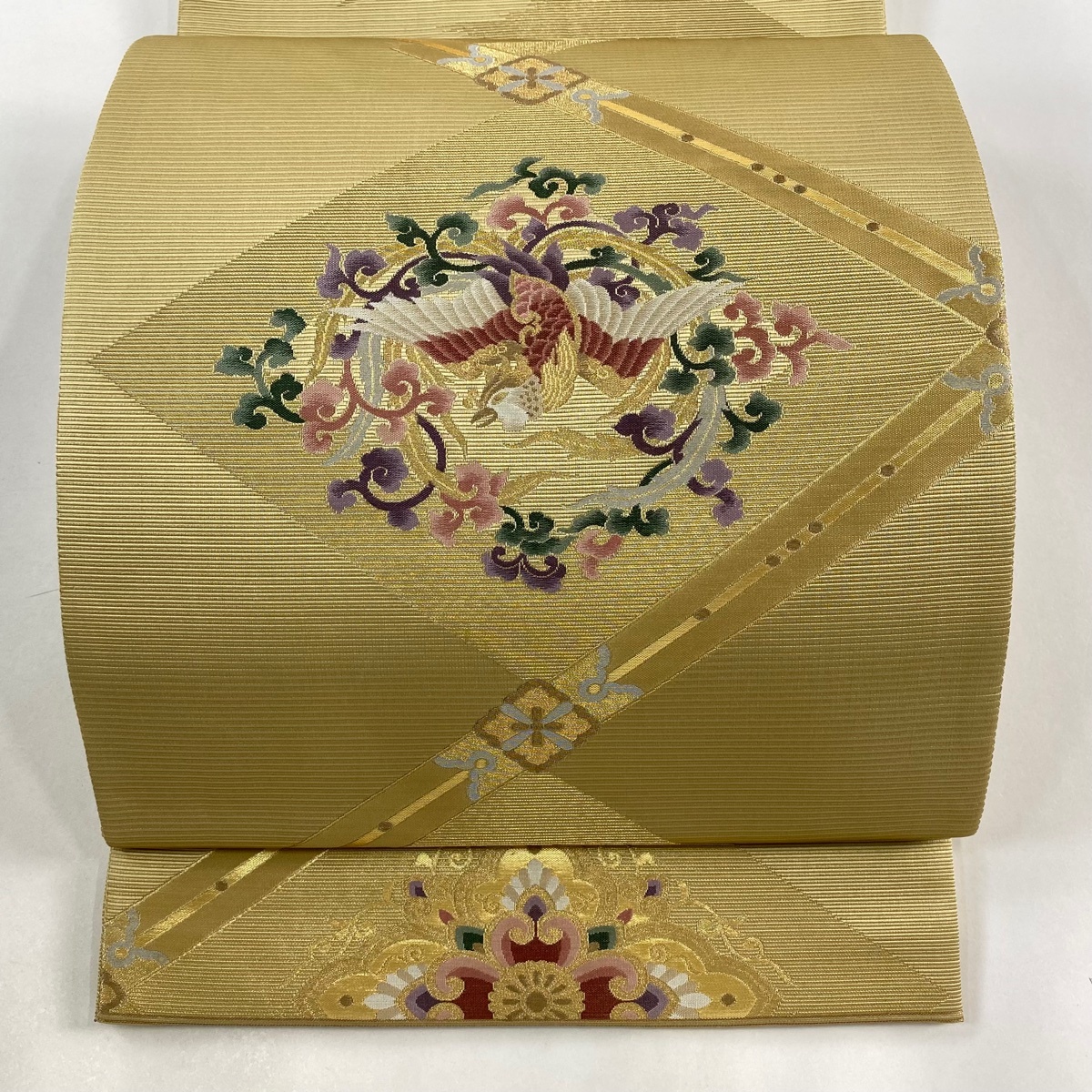 袋帯 秀品 関西仕立て 菱取鳳凰華文 金糸 箔 黄土色 六通 正絹 【中古】拍卖