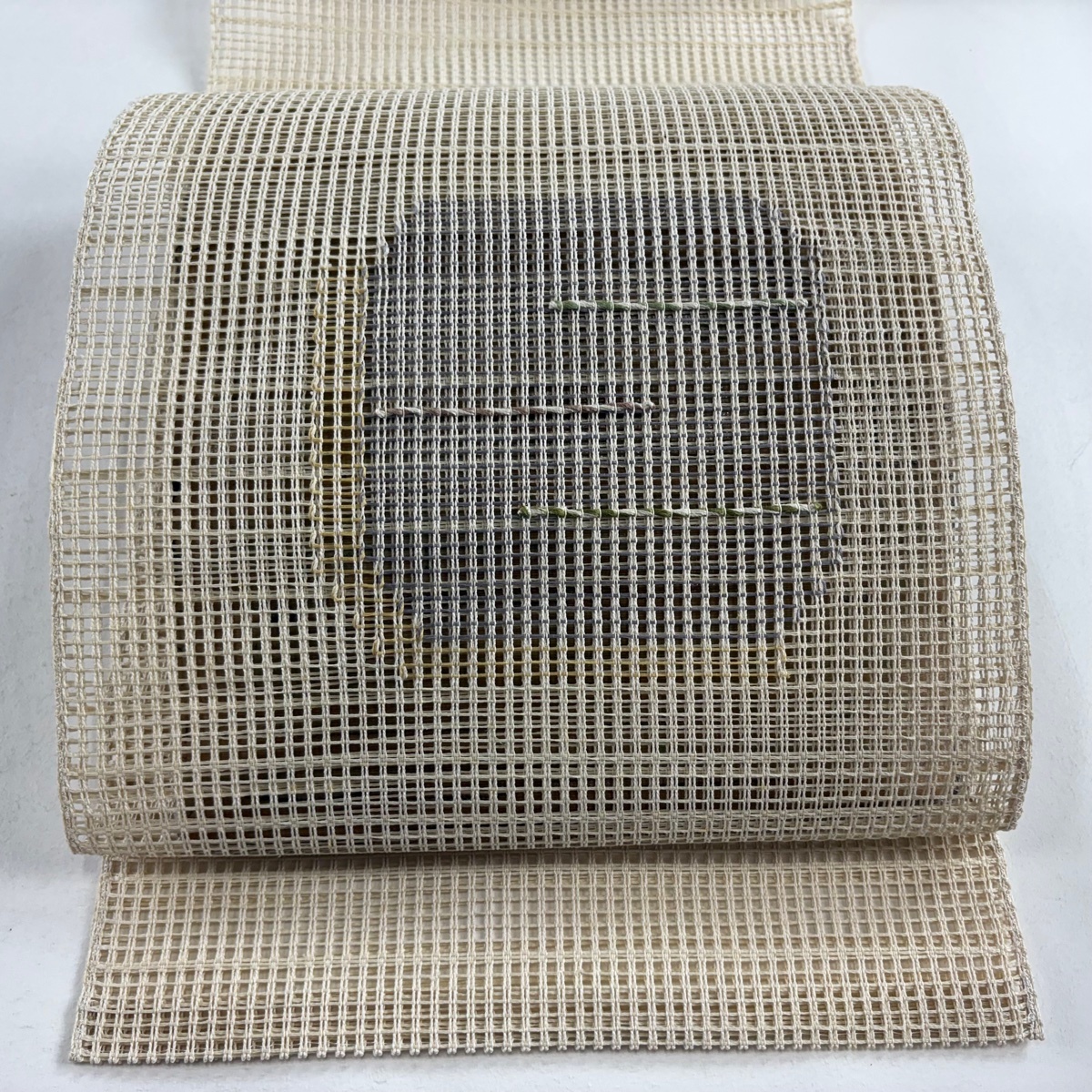 名古屋帯 秀品 夏帯 八寸名古屋帯 松葉仕立て 幾何学模様 ベージュ 正絹 【中古】拍卖