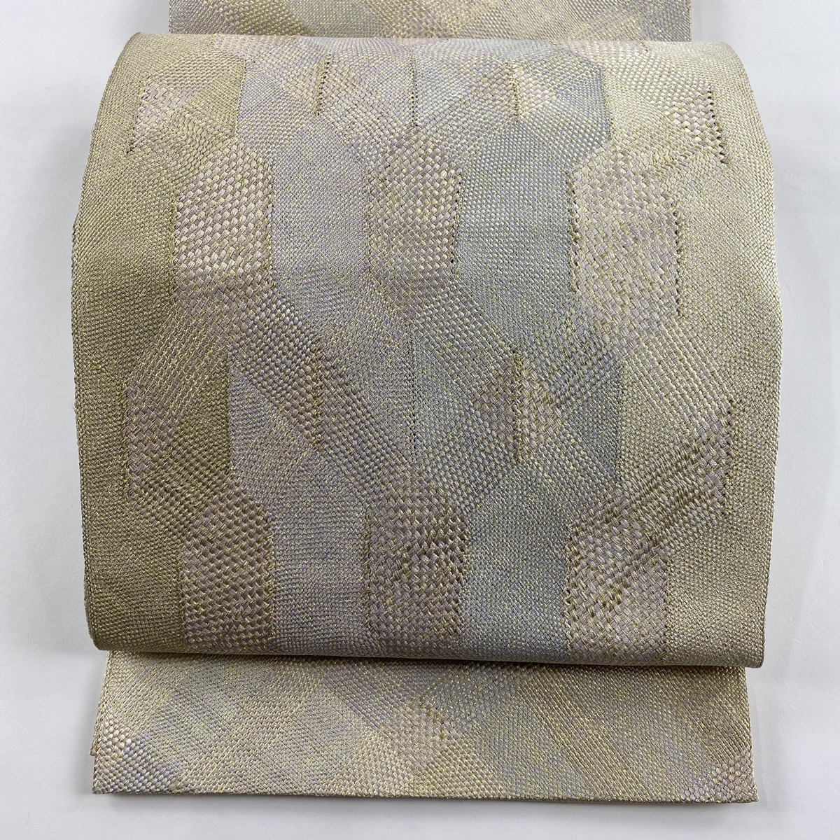 袋帯 美品 秀品 幾何学 金糸 青灰色 お太鼓柄 正絹 【中古】拍卖