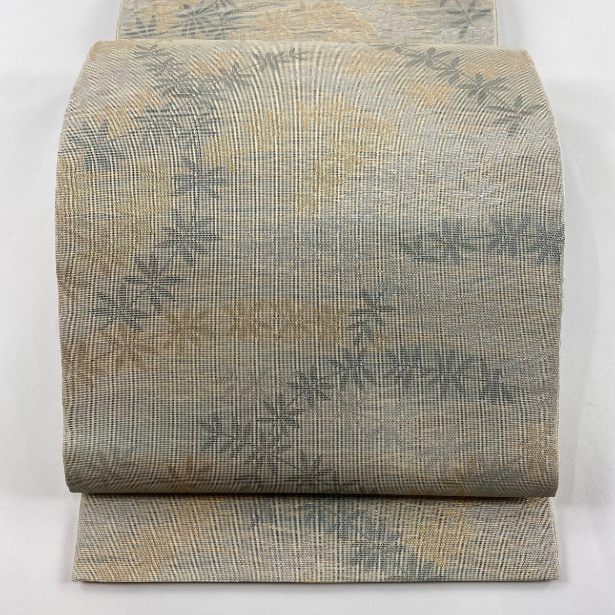 袋帯 秀品 織悦 落款 夏帯 紗 葉 箔 青灰色 全通 正絹 【中古】拍卖