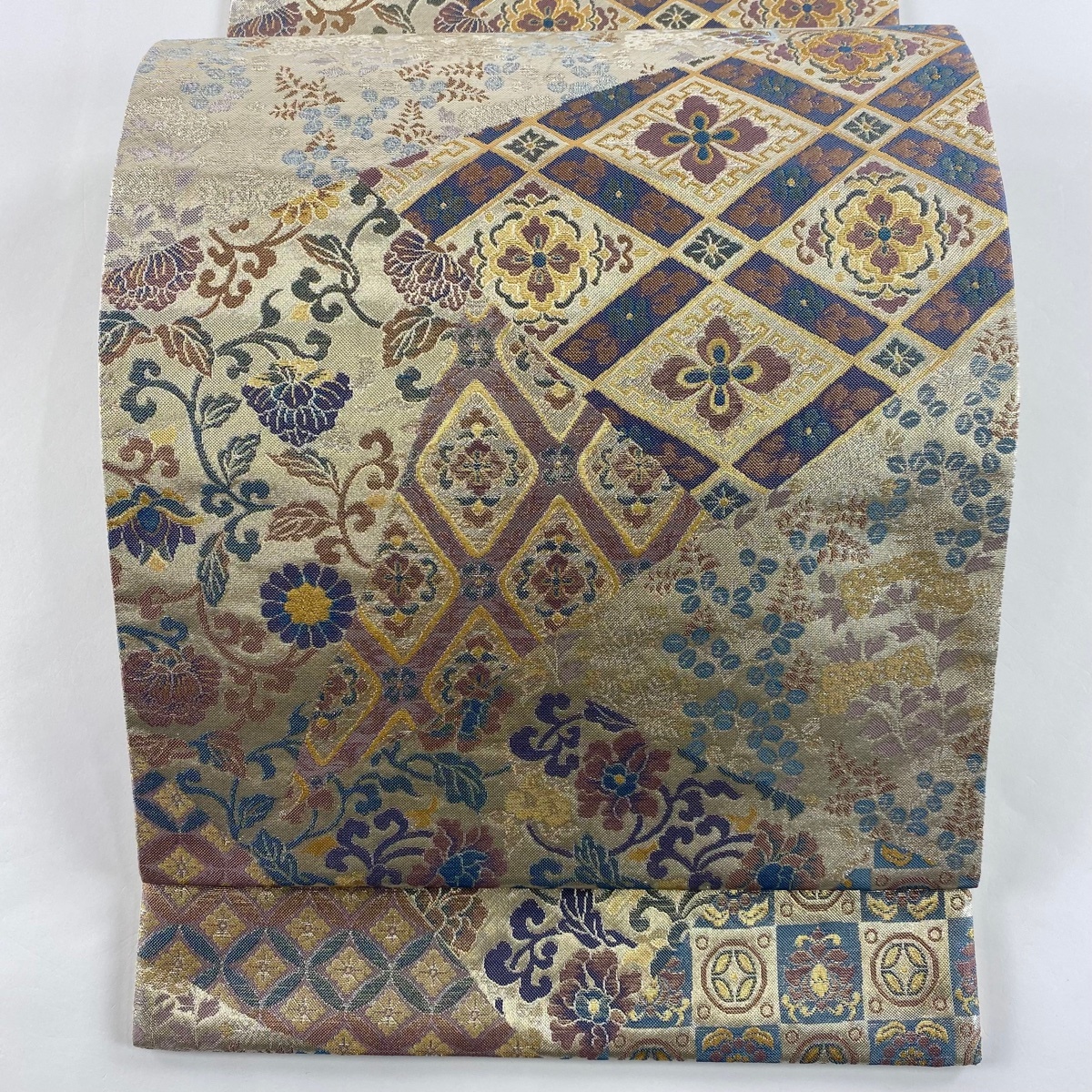 袋帯 美品 秀品 華文 花唐草 金糸 箔 銀色 六通 正絹 【中古】拍卖