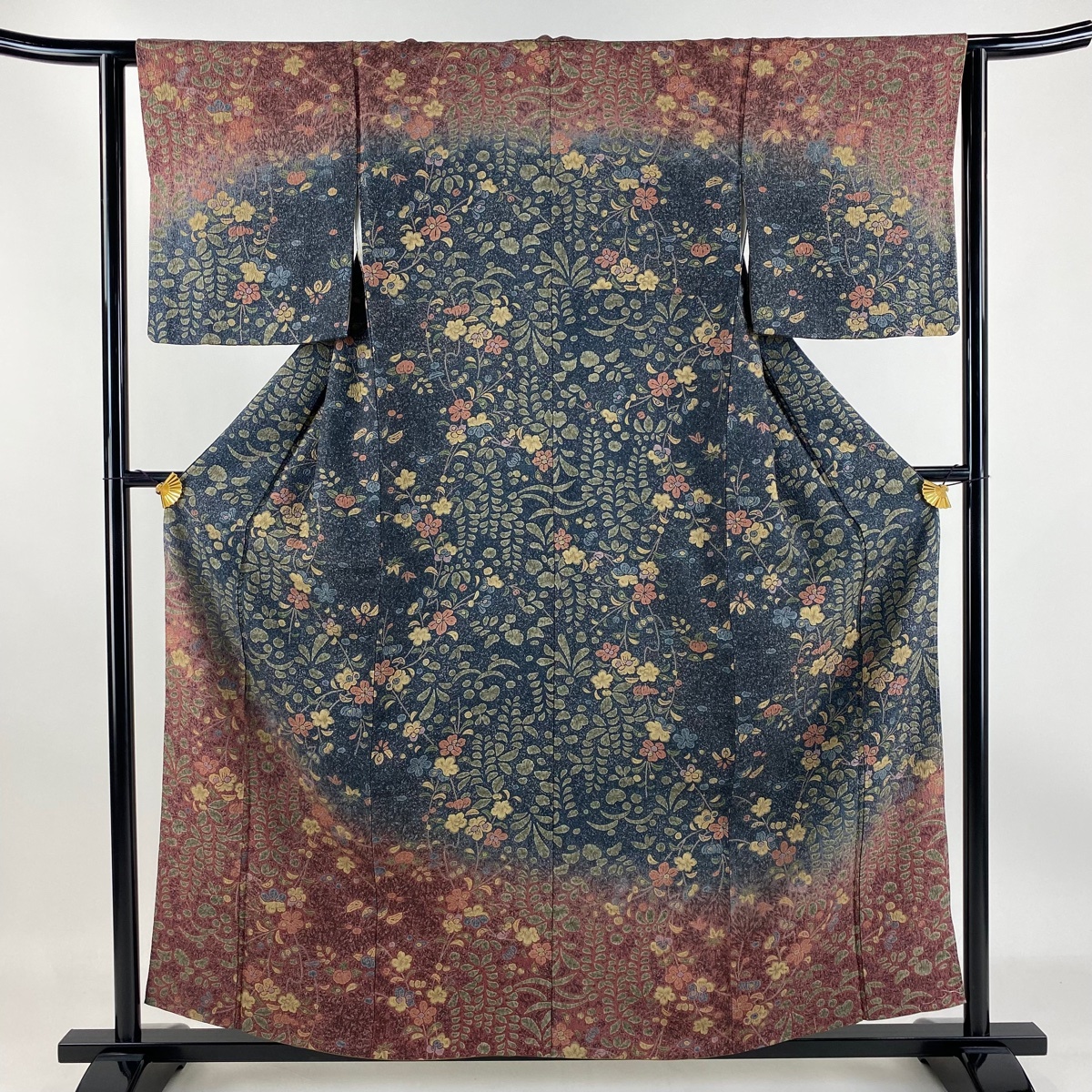 訪問着 身丈158cm 裄丈62cm S 袷 草花 染め分け ぼかし 紺色 正絹 美品 秀品 【中古】拍卖
