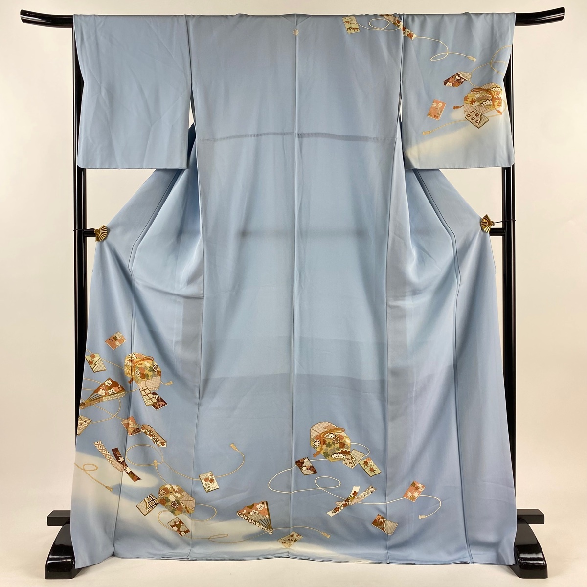 訪問着 身丈172cm 裄丈67cm M 袷 文箱 冊子 金彩 ぼかし 水色 正絹 秀品 一つ紋 【中古】拍卖