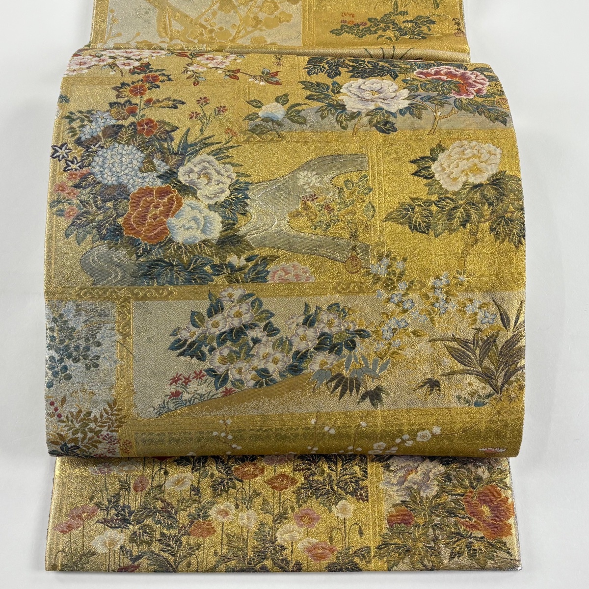 袋帯 美品 逸品 琳派名作選 草花 金銀糸 箔 金色 全通 正絹 【中古】拍卖