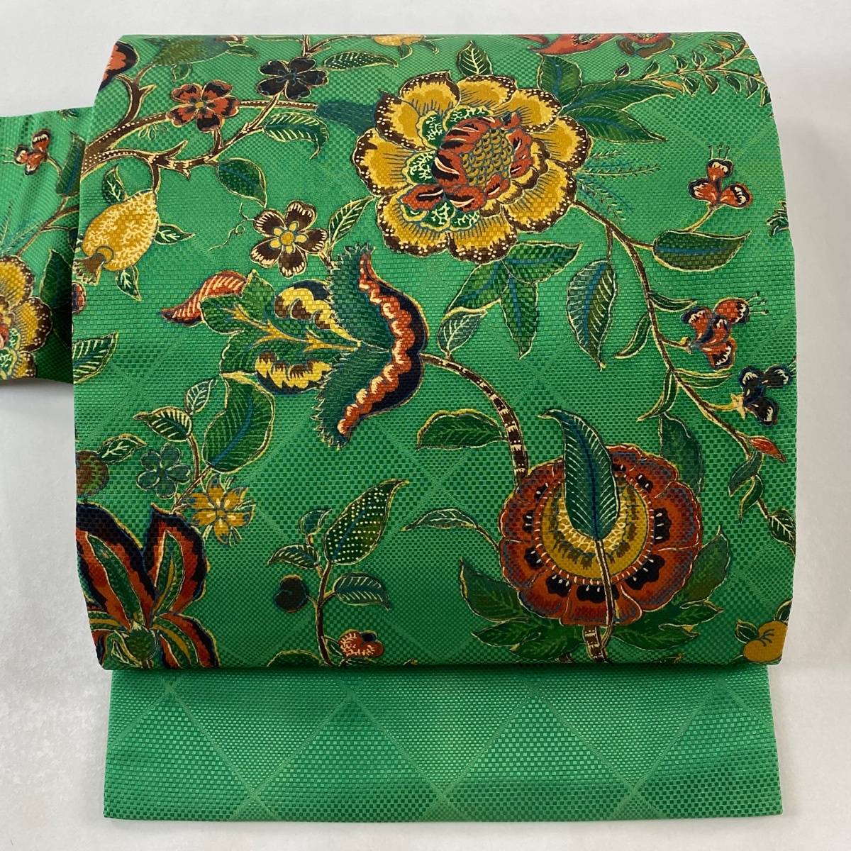 名古屋帯 逸品 山岡古都 落款 草花 緑 正絹 【中古】拍卖