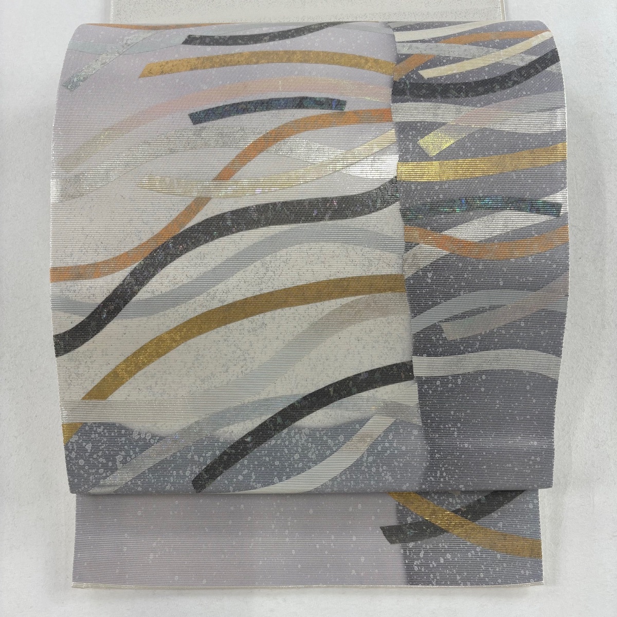袋帯 美品 秀品 幾何学模様 金銀彩 箔 灰紫 お太鼓柄 正絹 【中古】拍卖