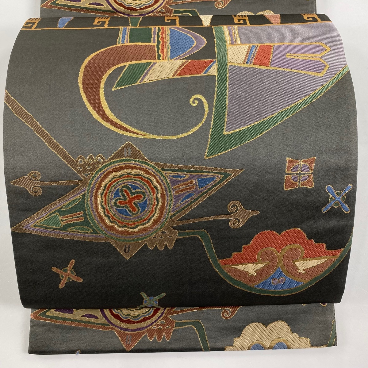 袋帯 名品 幾何学 箔 刺繍 灰色 六通 正絹 【中古】拍卖