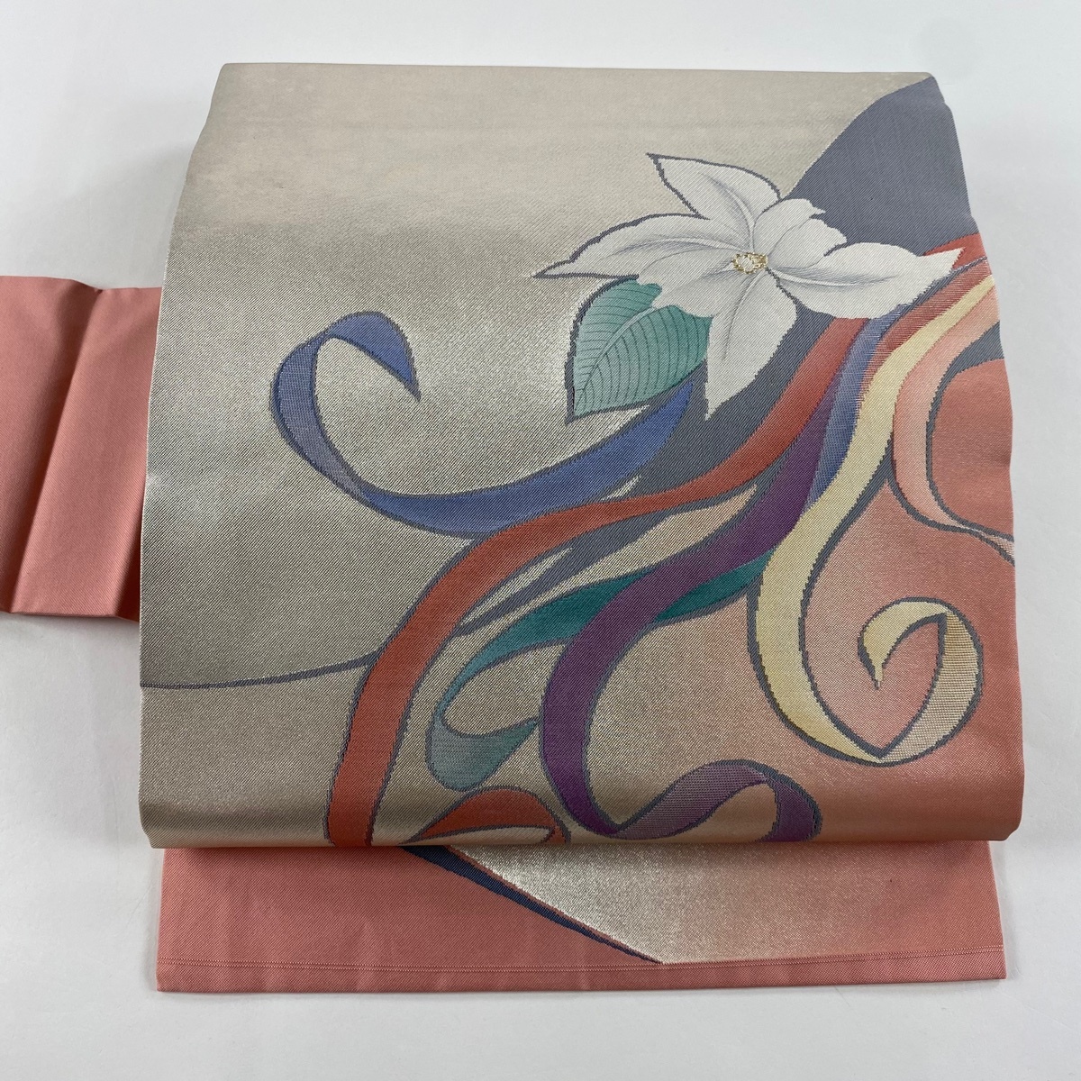 名古屋帯 美品 優品 落款 関西仕立て 草花 箔 金糸 ピンク 正絹 【中古】拍卖