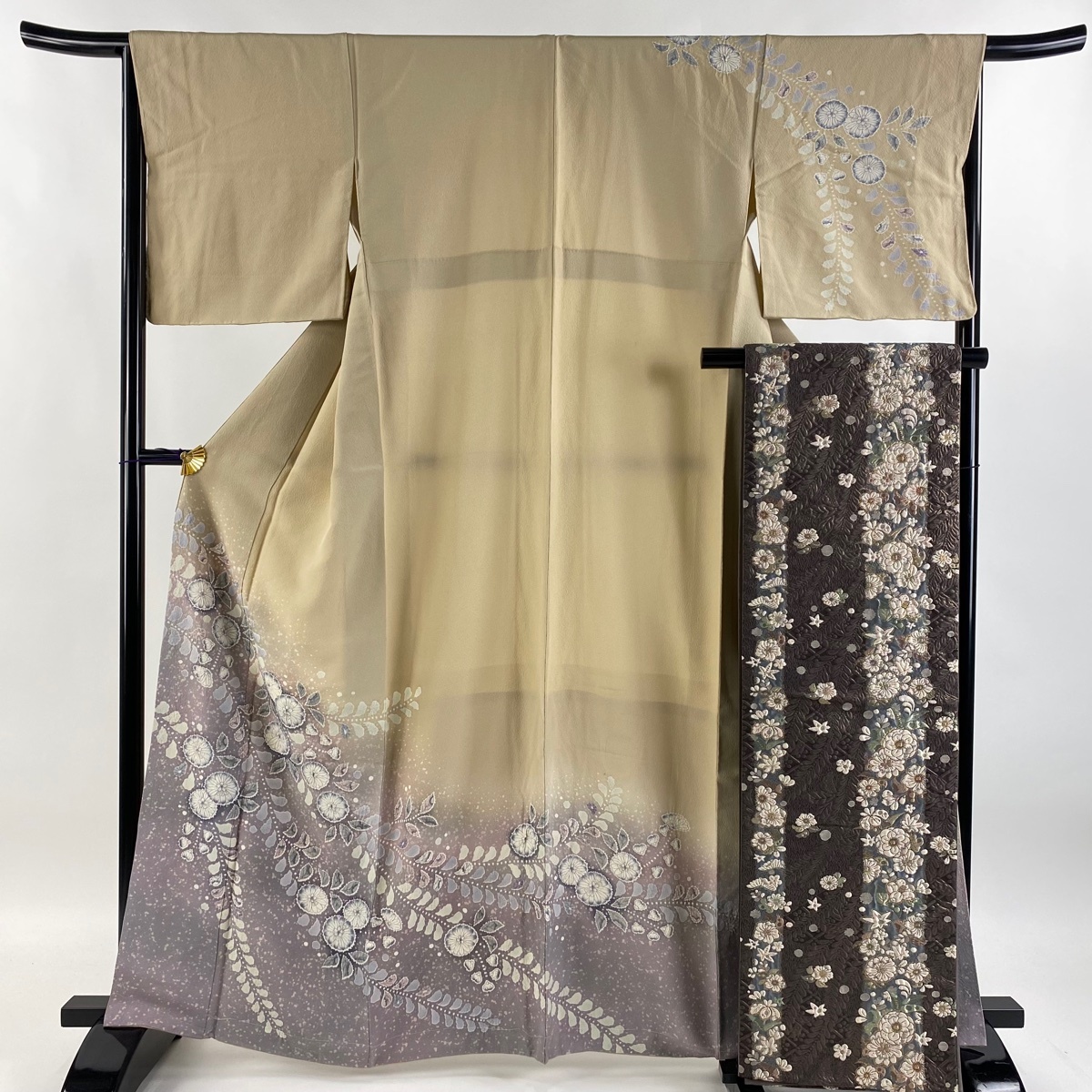 訪問着 身丈164.5cm 裄丈65.5cm M 袷 袋帯セット 落款 辻が花 染め分け ぼかし ベージュ 正絹 美品 名品 【中古】拍卖