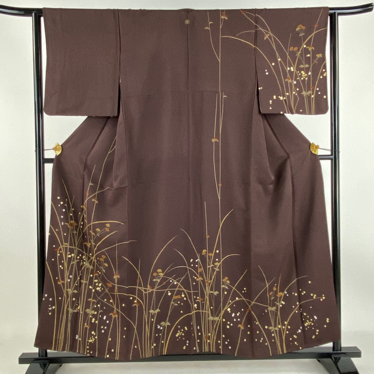 訪問着 身丈155cm 裄丈63cm S 袷 草花 女郎花 金銀彩 茶紫 正絹 秀品 一つ紋 【中古】拍卖