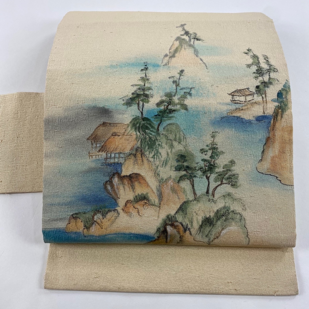 名古屋帯 優品 風景 家屋 クリーム 正絹 【中古】拍卖