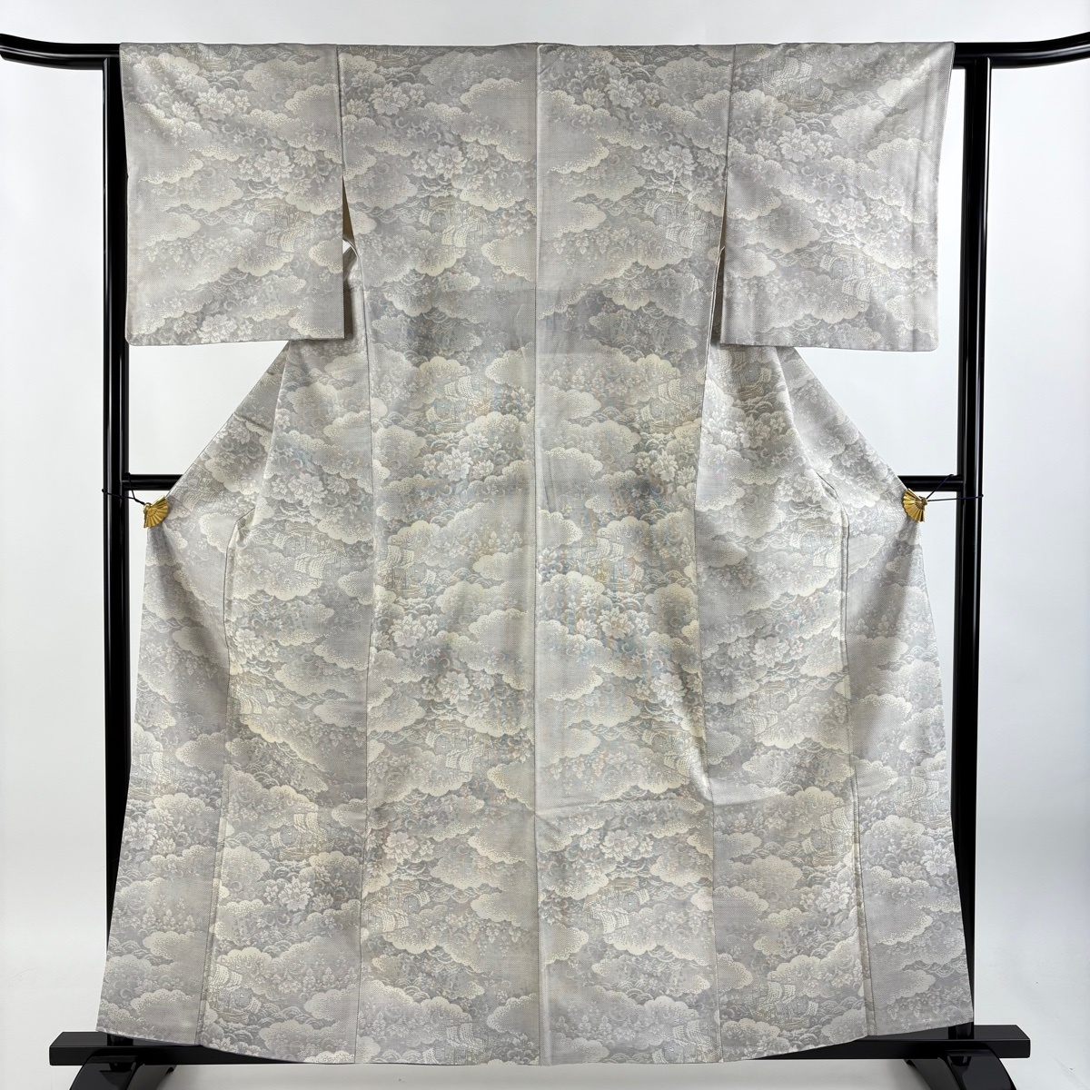 紬 身丈161cm 裄丈62cm S 袷 船 雲文 灰紫 正絹 秀品 【中古】拍卖