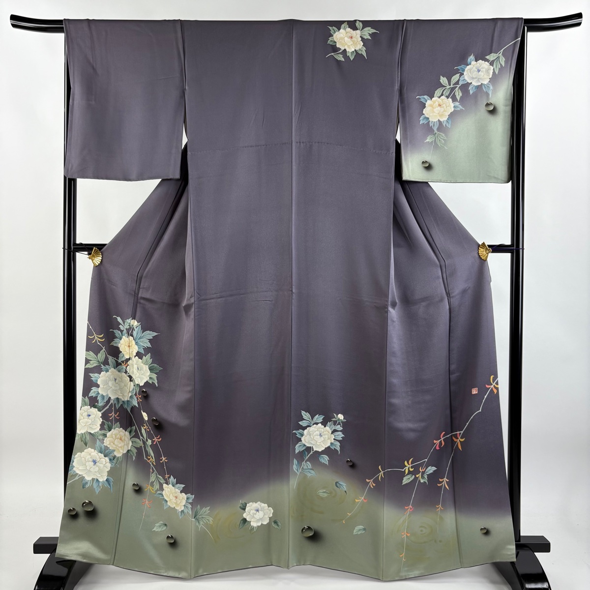 訪問着 身丈163cm 裄丈67cm M 袷 落款 牡丹 雫 金彩 染め分け 灰紫 正絹 秀品 【中古】拍卖