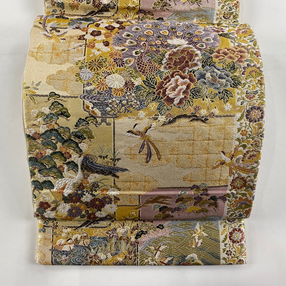 袋帯 美品 秀品 献上孔雀絵図 松竹梅 金糸 箔 ベージュ 六通 正絹 【中古】拍卖