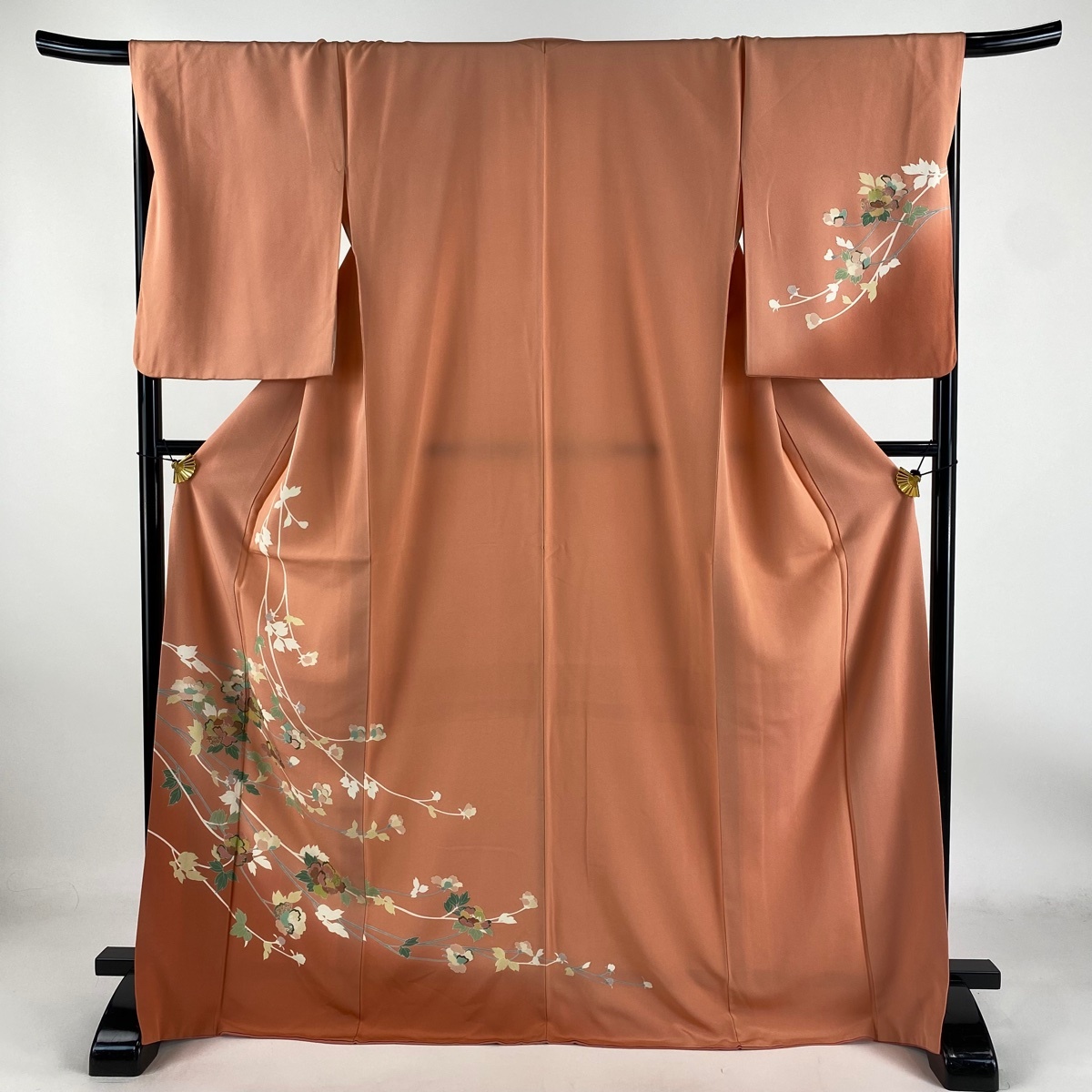 訪問着 身丈170.5cm 裄丈69cm L 袷 牡丹 金彩 ぼかし サーモンピンク 正絹 秀品 【中古】拍卖