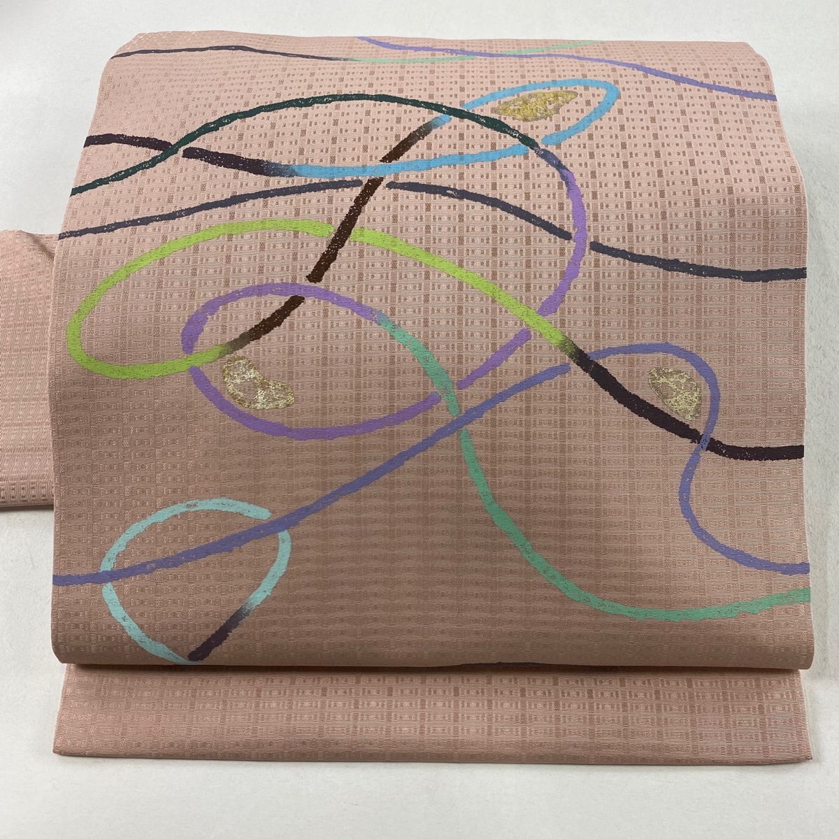 名古屋帯 名品 落款 市川純一郎 幾何学模様 地紋 金彩 ピンク 正絹 【中古】拍卖