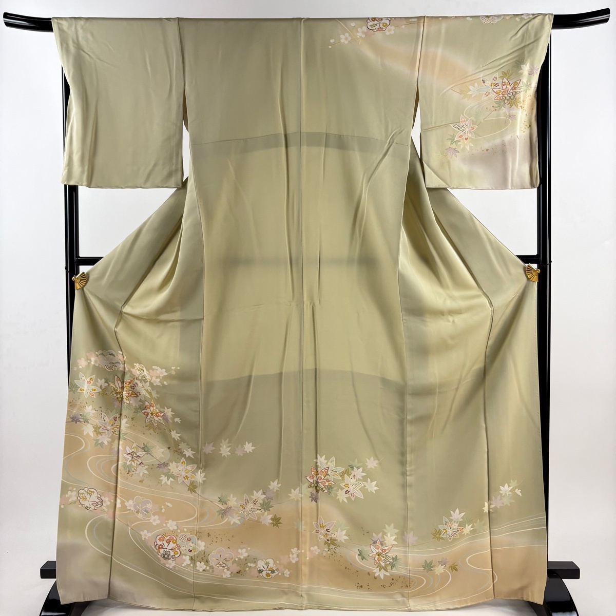 訪問着 身丈170cm 裄丈69cm L 袷 楓 流水 金糸 金彩 薄緑 正絹 秀品 【中古】拍卖