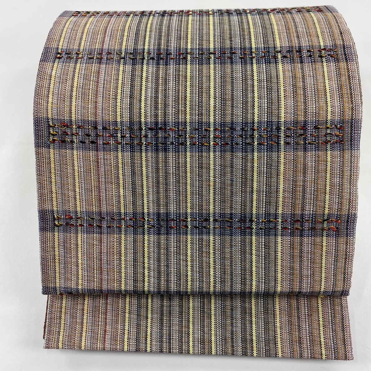 袋帯 美品 秀品 幾何学模様 縞 金糸 灰茶 お太鼓柄 正絹 【中古】拍卖