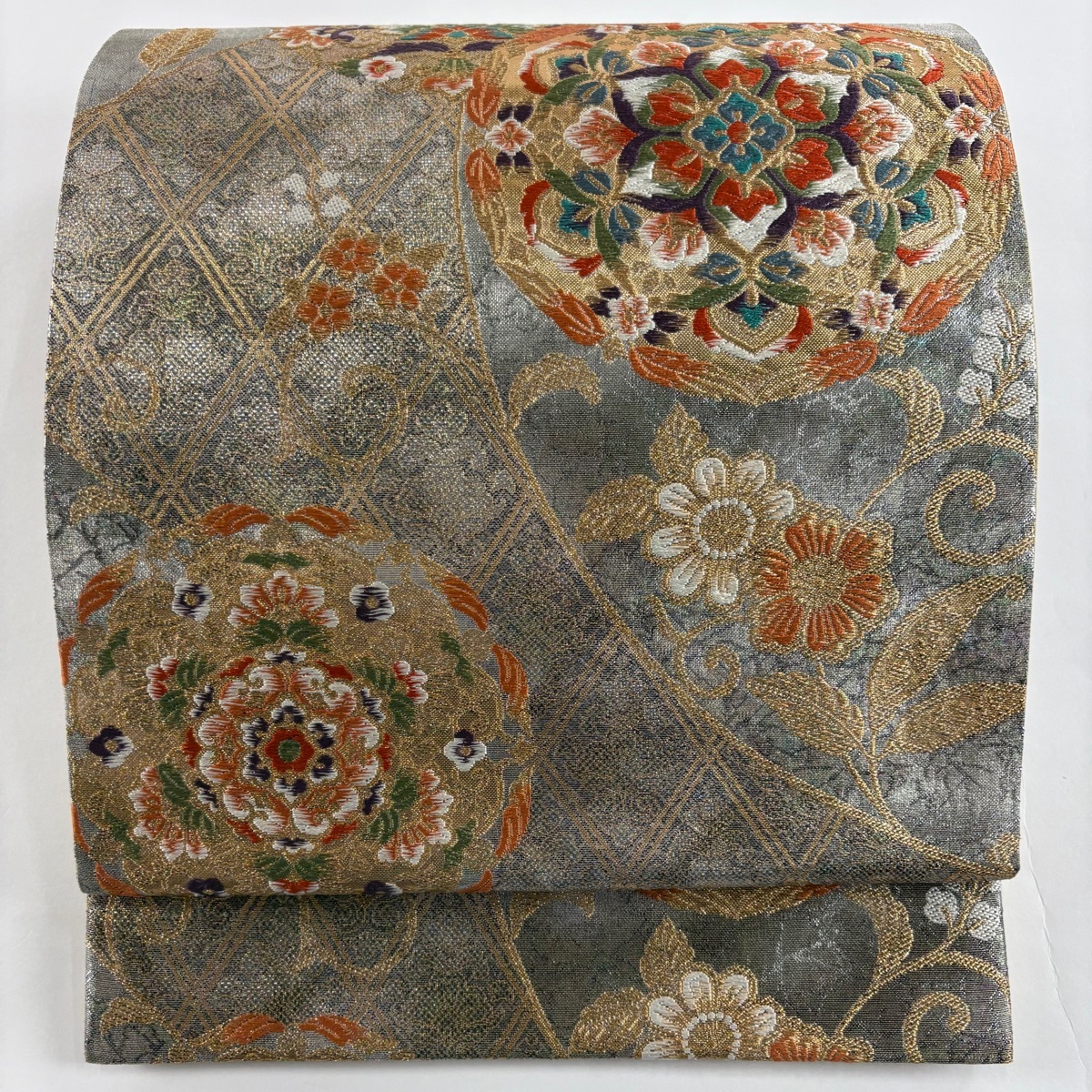 袋帯 美品 秀品 華文 向かい鳥 箔 金糸 銀色 六通 正絹 【中古】拍卖