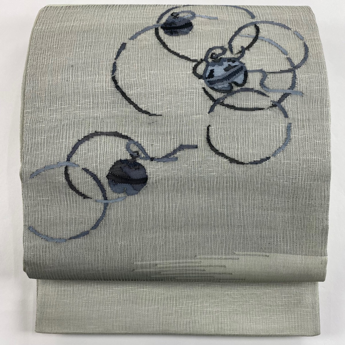 袋帯 美品 秀品 夏帯 鈴 輪 灰緑 お太鼓柄 正絹 【中古】拍卖