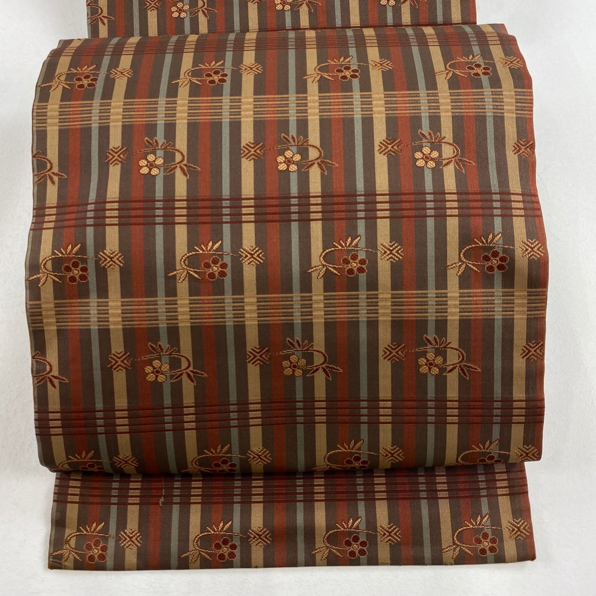 開き名古屋帯 優品 紬地 笹蔓 格子 茶色 正絹 【中古】拍卖