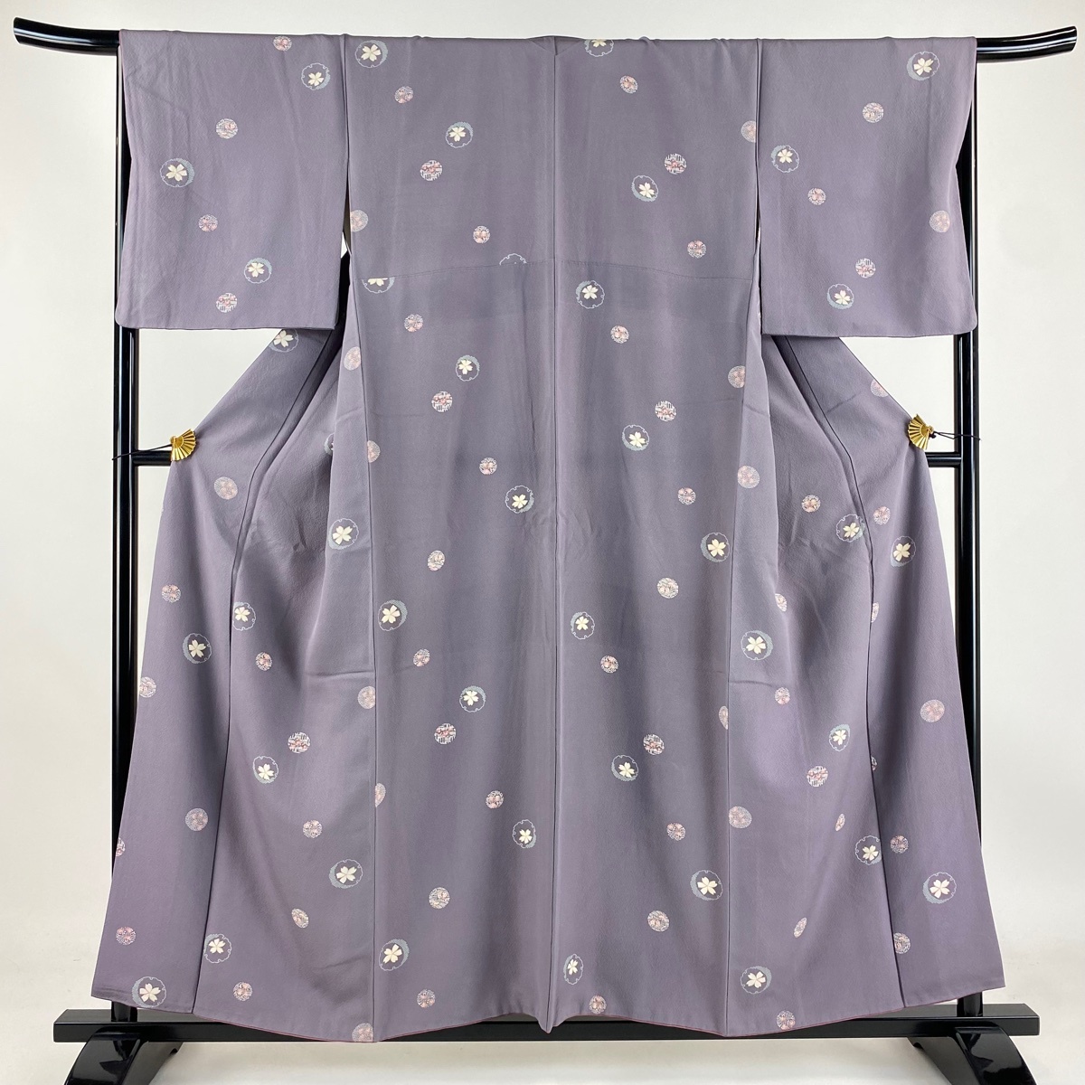 小紋 身丈155.5cm 裄丈66.5cm M 袷 桜 雪輪 灰紫 正絹 秀品 【中古】拍卖