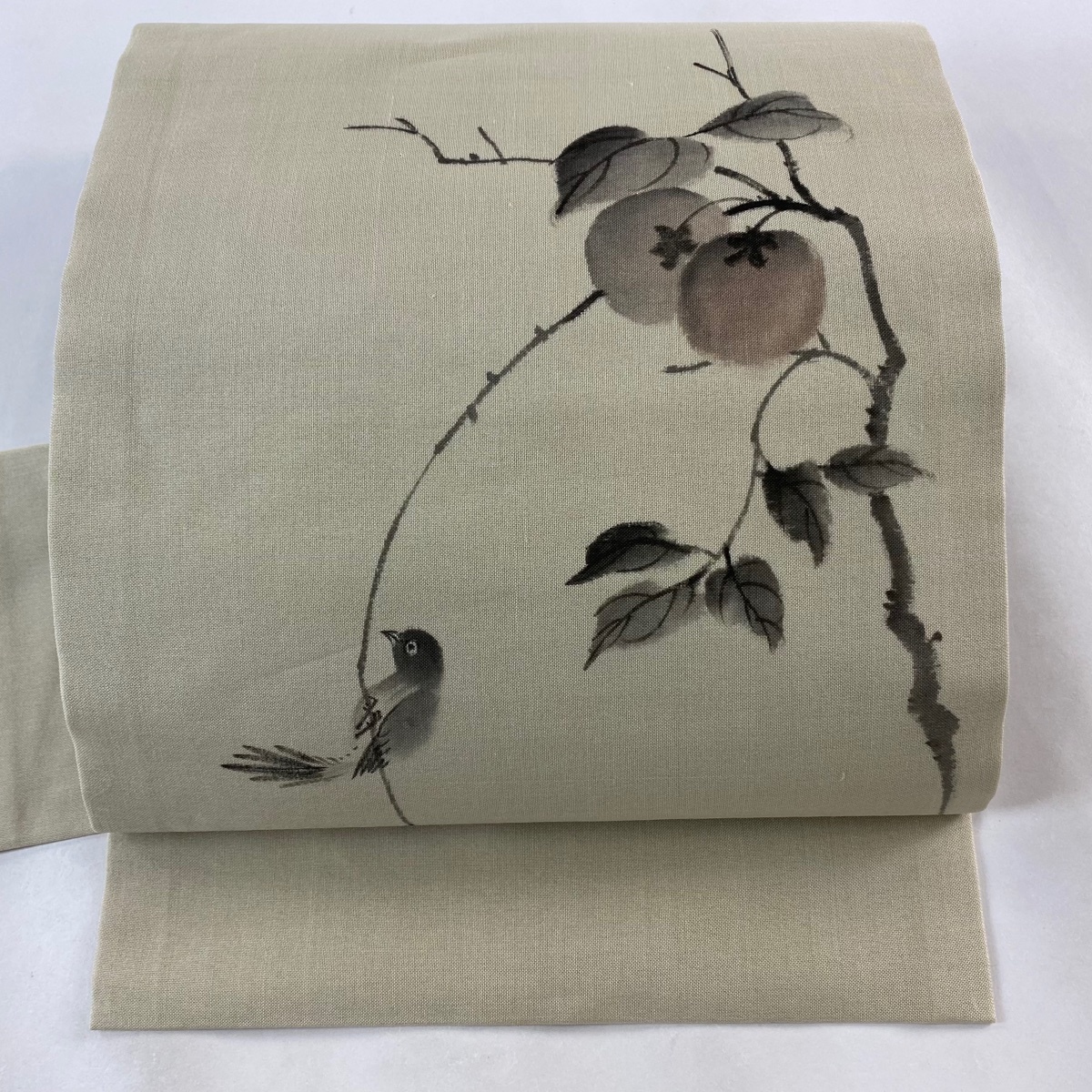 名古屋帯 秀品 落款 柿 鳥 薄茶色 正絹 【中古】拍卖