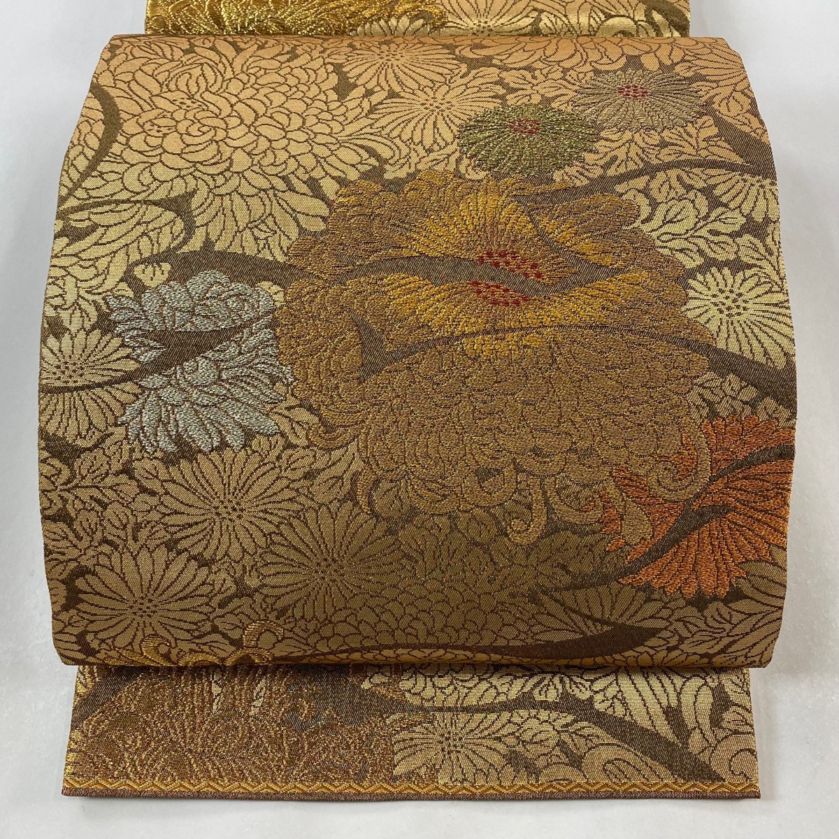 袋帯 美品 秀品 落款 関西仕立て 菊 金糸 箔 金色 全通 正絹 【中古】拍卖