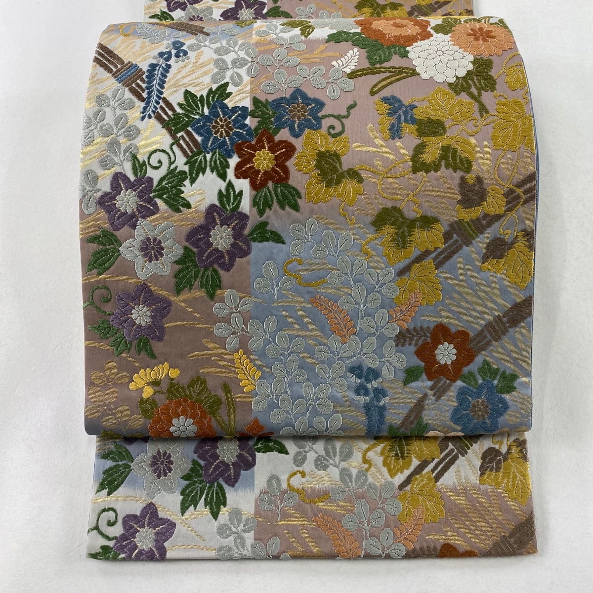 袋帯 美品 秀品 草花 光悦垣 唐織 箔 青灰色 六通 正絹 【中古】拍卖