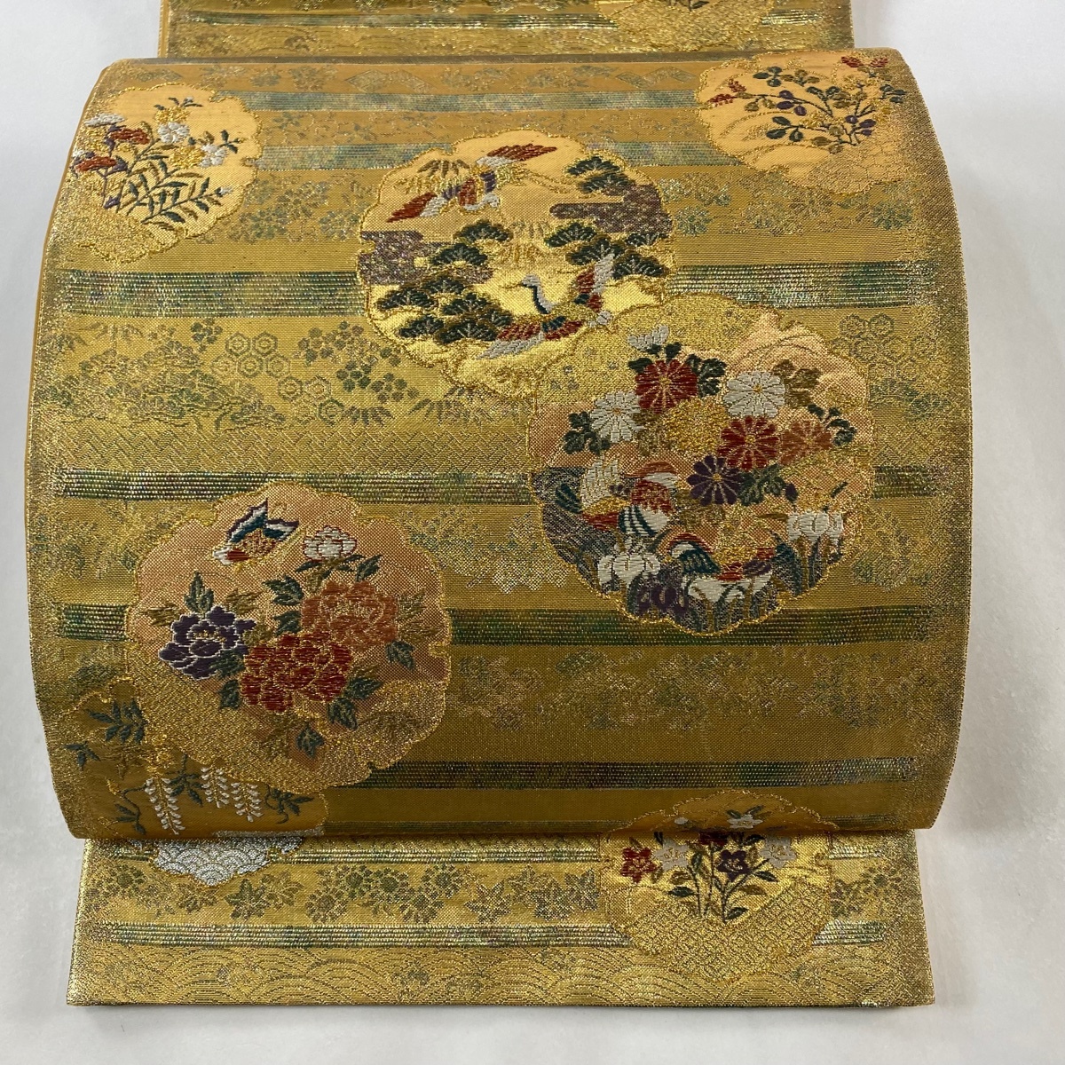 袋帯 美品 秀品 雪輪横段文 箔 金糸 金色 六通 正絹 【中古】拍卖