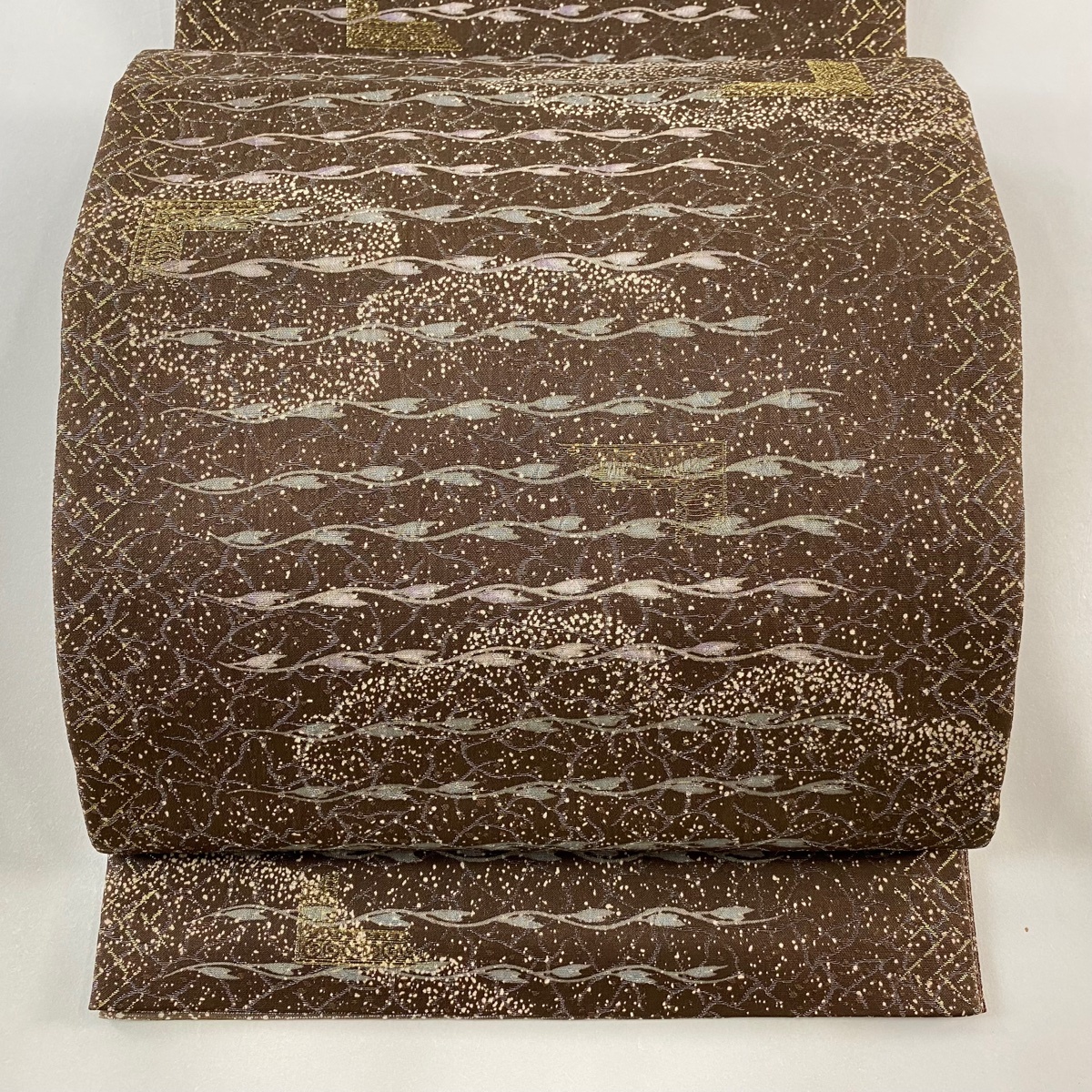 袋帯 美品 秀品 雲文 幾何学 金銀糸 茶色 全通 正絹 【中古】拍卖