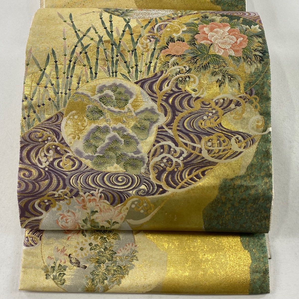 袋帯 美品 秀品 花鳥 流水 金銀糸 箔 ベージュ 六通 正絹 【中古】拍卖