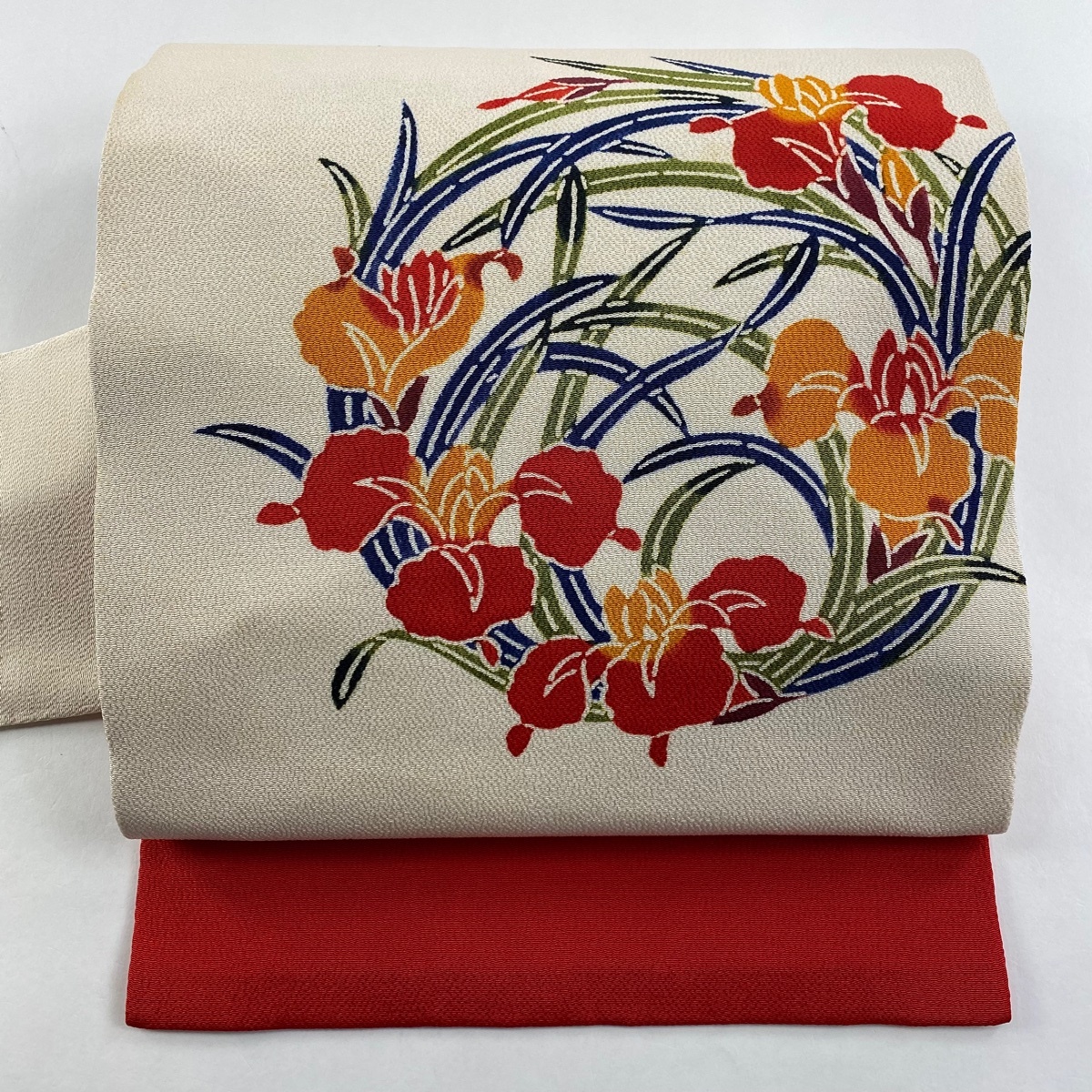 名古屋帯 逸品 栗山吉三郎 落款 花丸文 菖蒲 縮緬 クリーム 正絹 【中古】拍卖