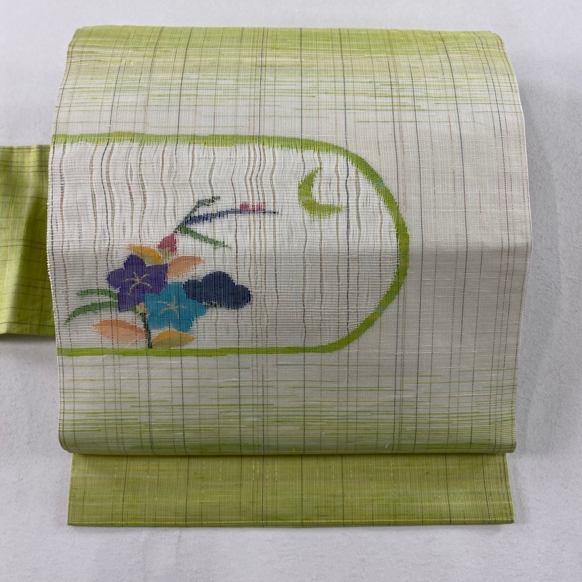 名古屋帯 秀品 落款 草花 月 金通し 薄緑 正絹 【中古】拍卖