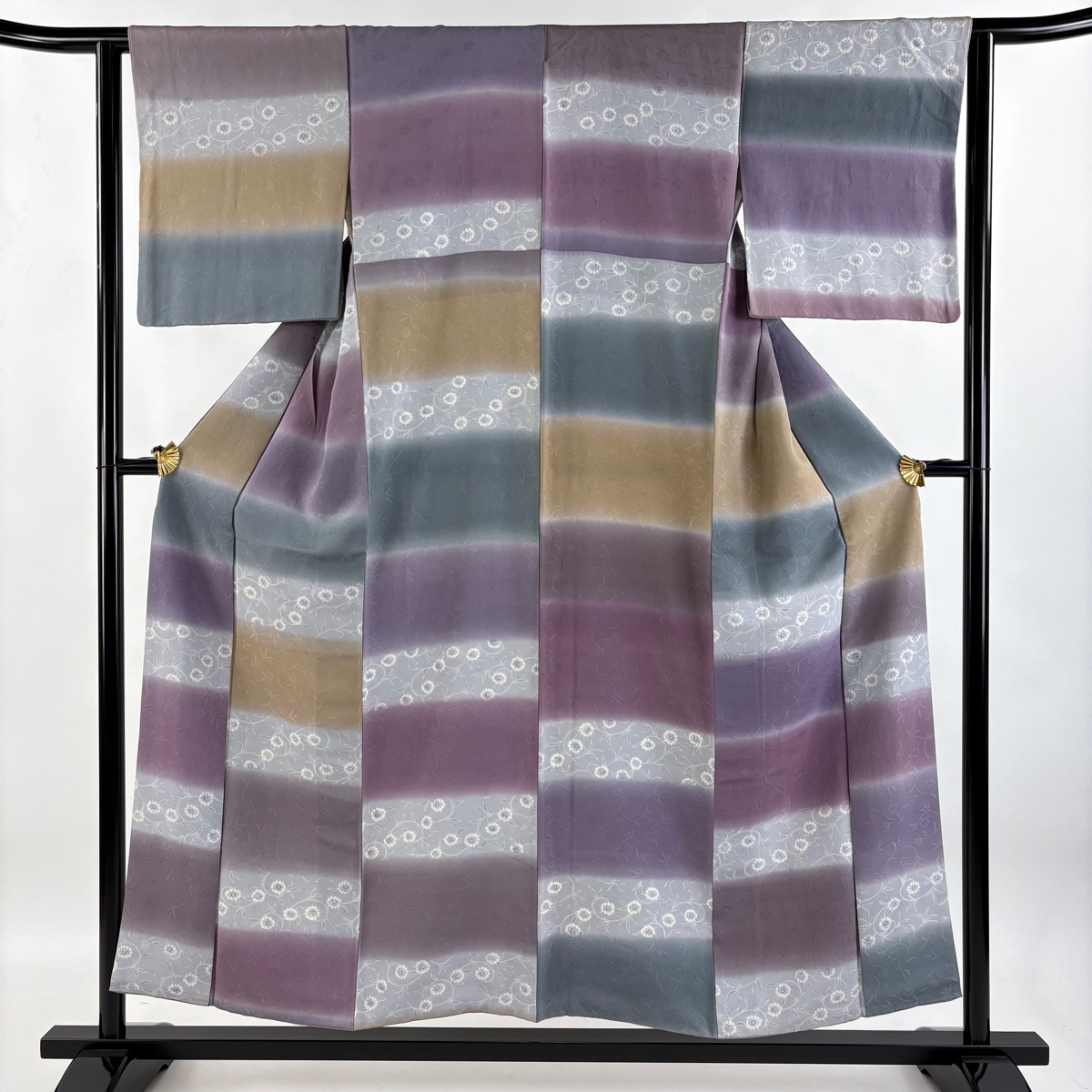 小紋 身丈153.5cm 裄丈62.5cm S 袷 花唐草 地紋 絞り ぼかし 灰紫 正絹 秀品 【中古】拍卖