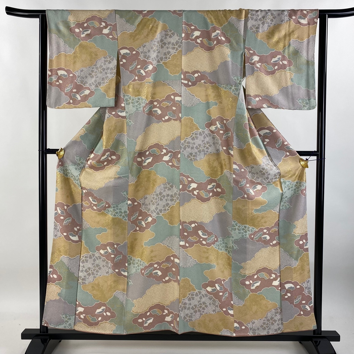 小紋 身丈157cm 裄丈63.5cm S 袷 雲文 扇 金彩 ベージュ 正絹 美品 秀品 【中古】拍卖