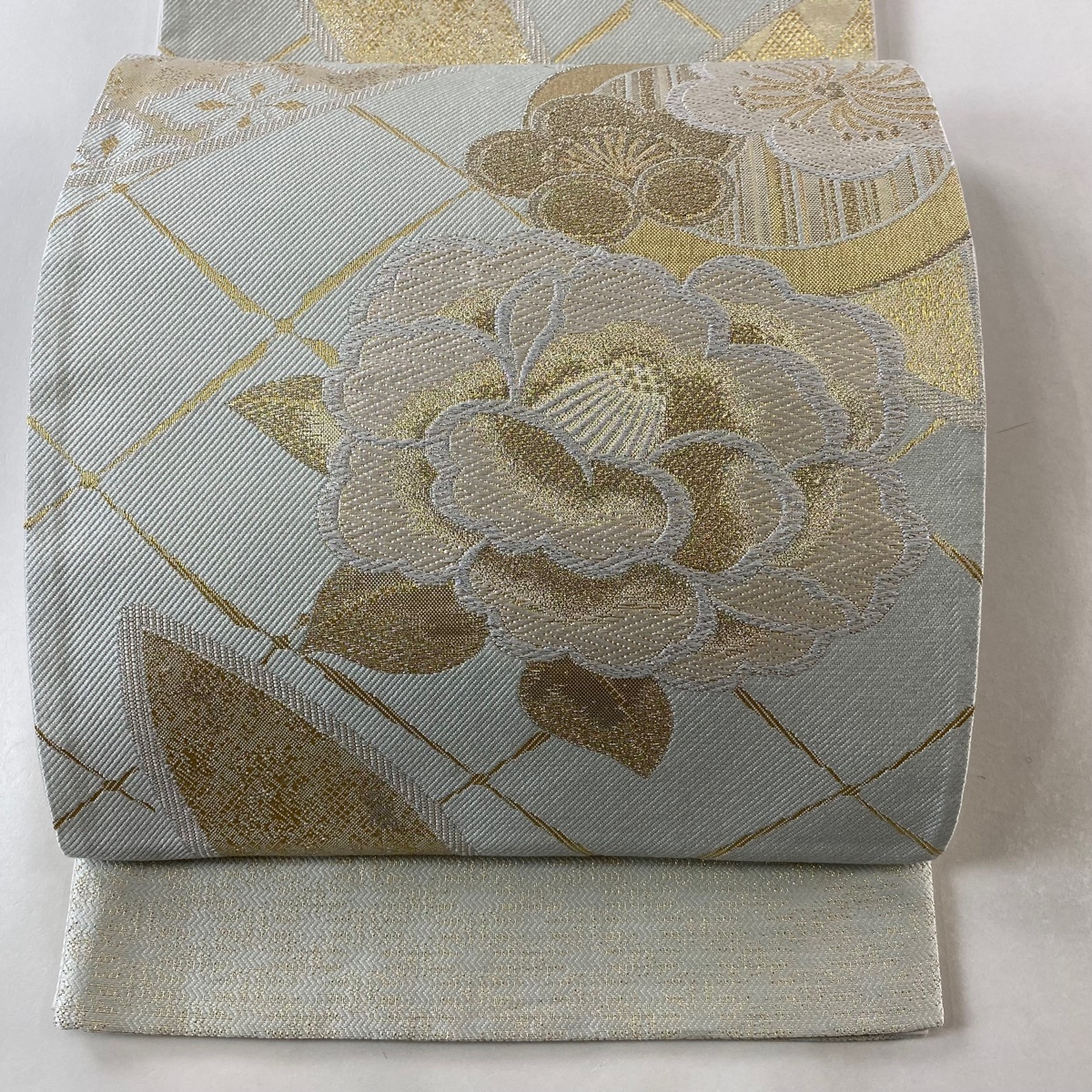袋帯 秀品 梅 椿 金銀糸 唐織 薄緑 六通 正絹 【中古】拍卖