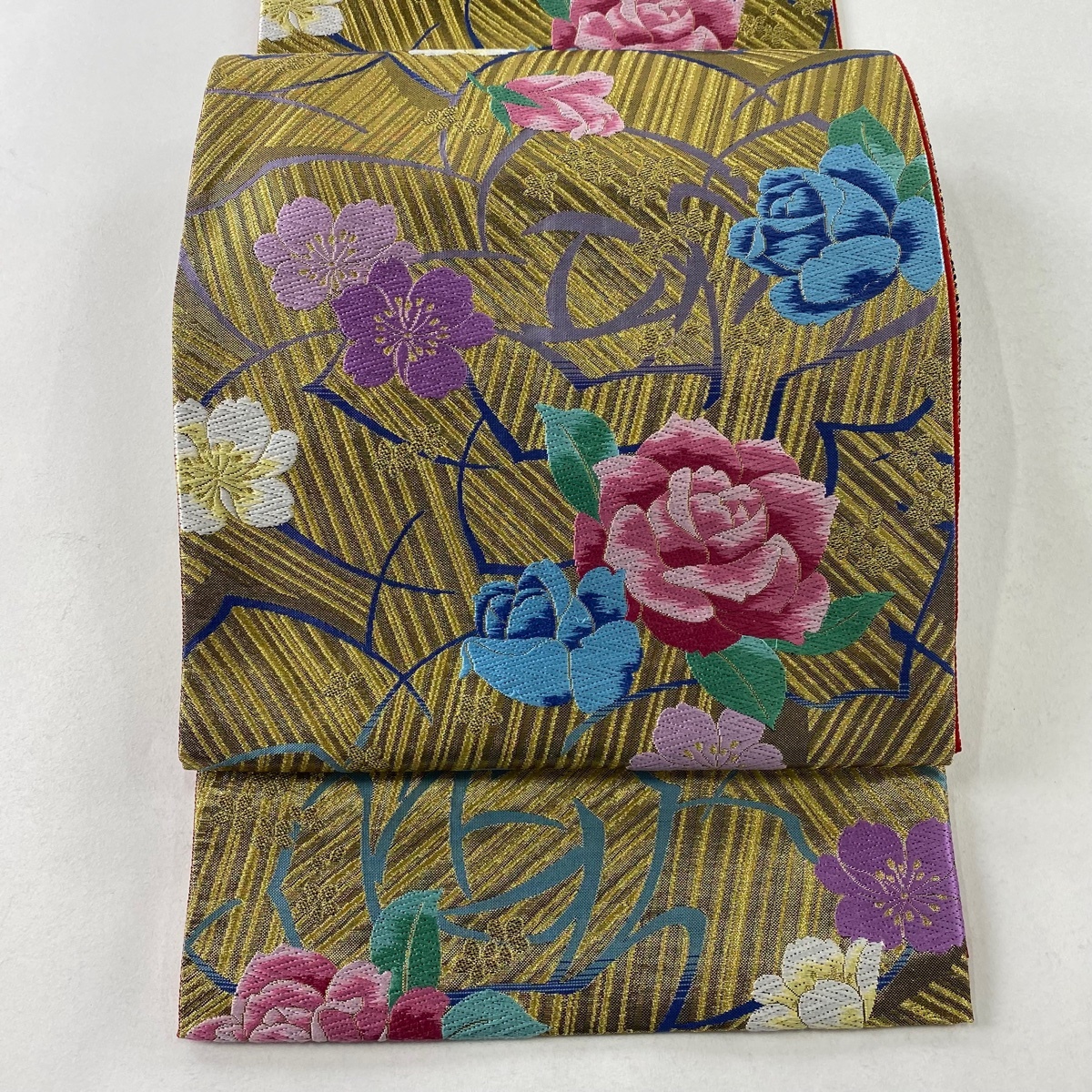 袋帯 美品 秀品 薔薇 桜 唐織 箔 金色 六通 正絹 【中古】拍卖