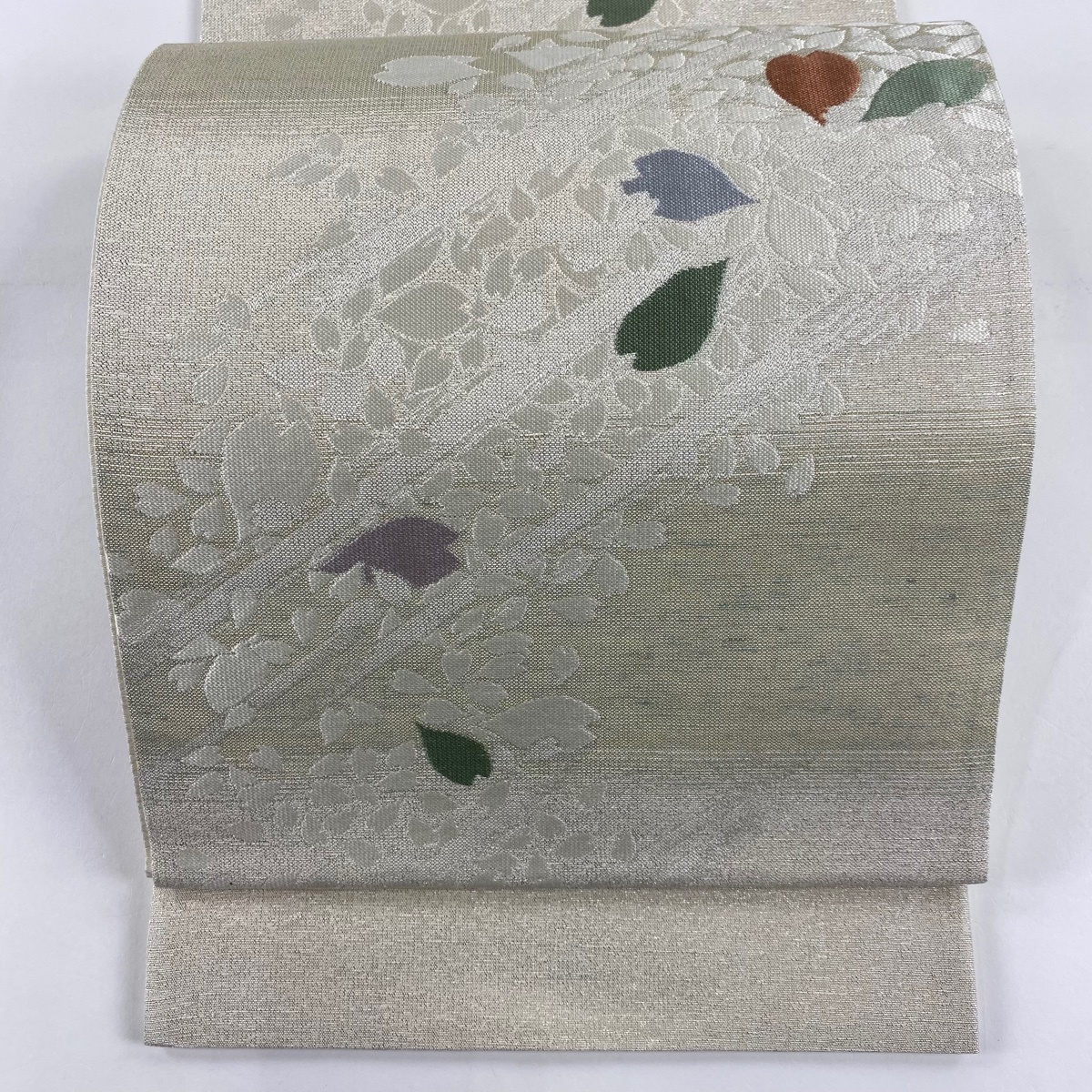 袋帯 美品 秀品 花びら 縞 箔 銀糸 灰緑 六通 正絹 【中古】拍卖