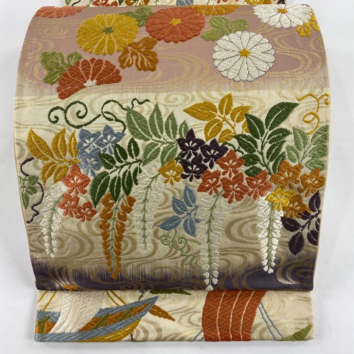 袋帯 秀品 菊 流水 唐織 箔 薄紫 六通 正絹 【中古】拍卖