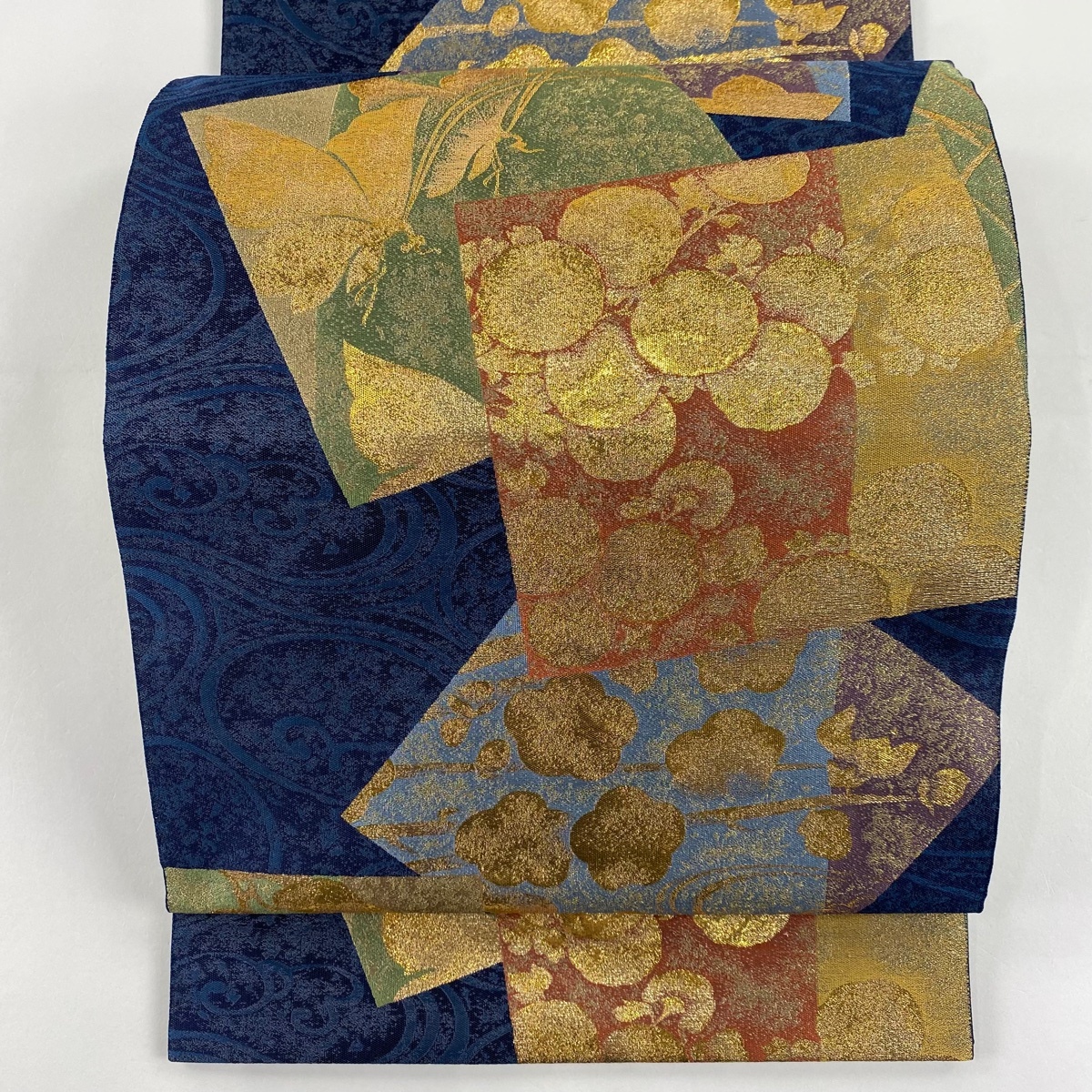 袋帯 美品 秀品 落款 藤三郎 色紙 花鳥 金糸 箔 藍色 六通 正絹 【中古】拍卖