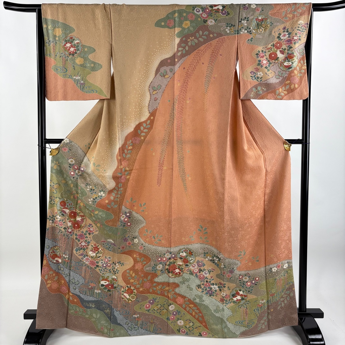 訪問着 身丈165cm 裄丈66cm M 袷 雪輪 草花 金彩 薄茶色 正絹 秀品 【中古】拍卖