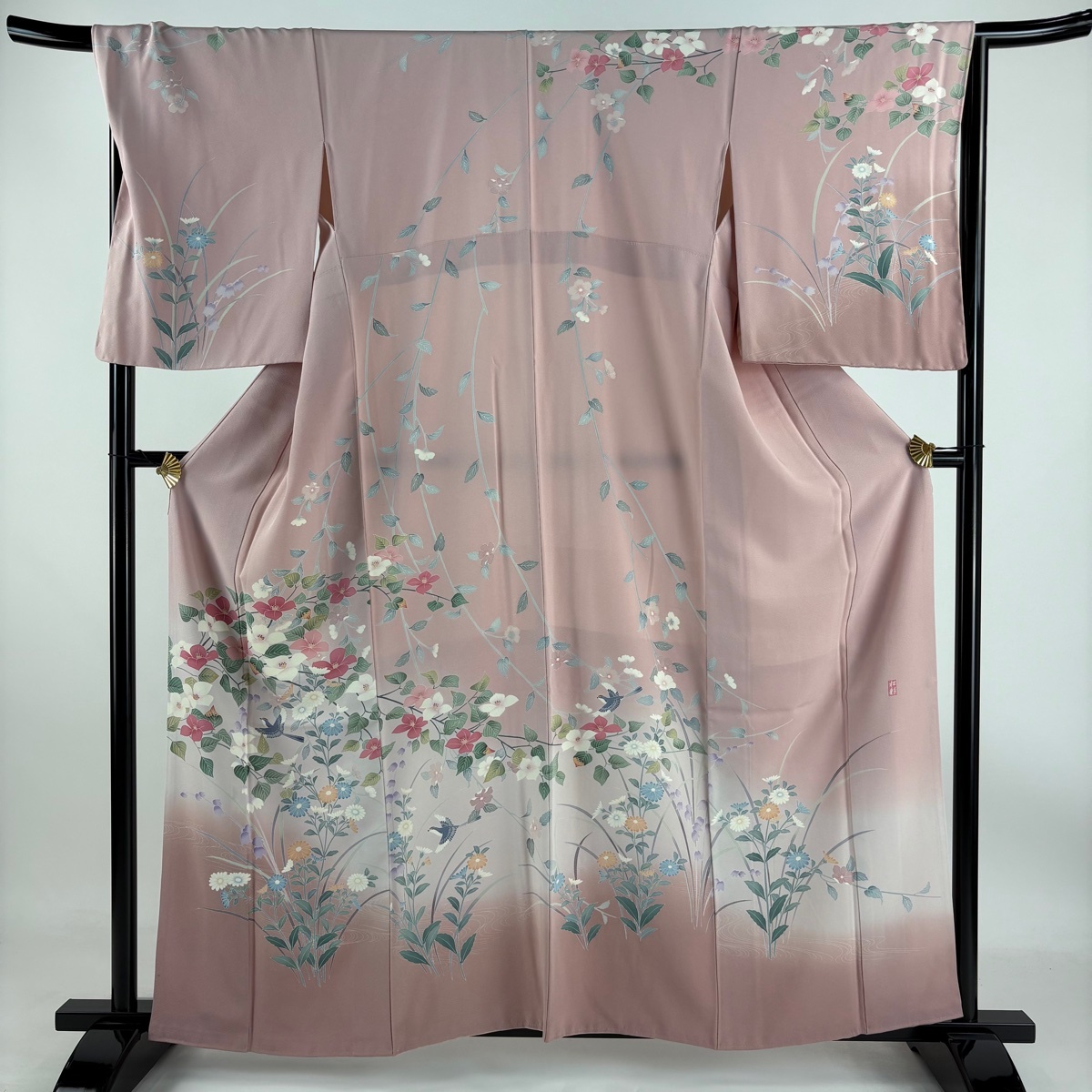 訪問着 身丈160cm 裄丈68cm L 袷 落款 草花 鳥 染め分け ぼかし ピンク 正絹 秀品 【中古】拍卖