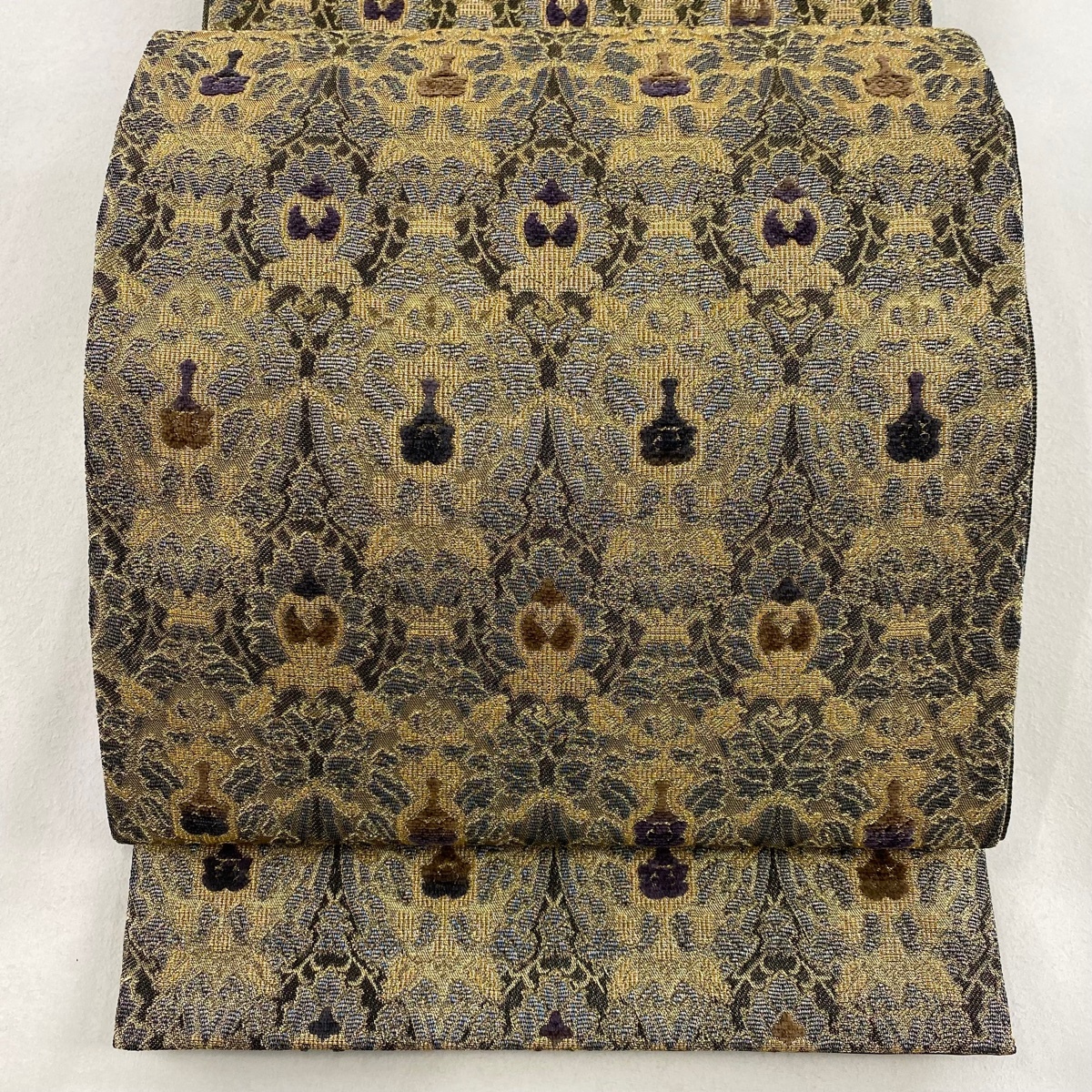 袋帯 名品 草花 幾何学模様 金銀糸 箔 銀色 六通 正絹 【中古】拍卖