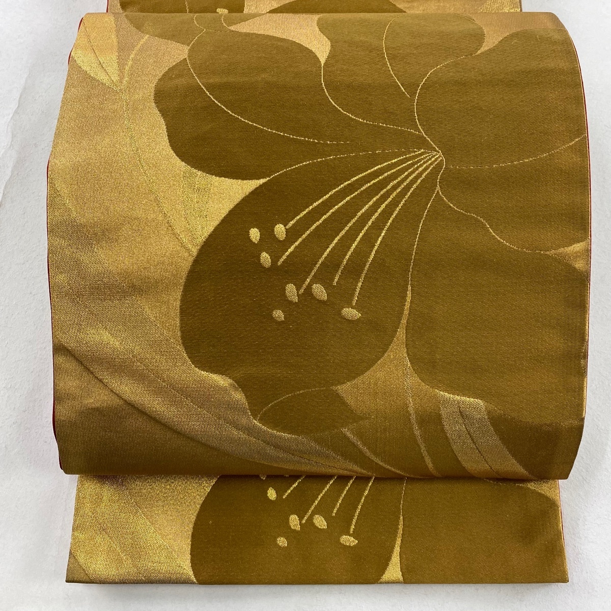 袋帯 名品 草野一騎 落款 百合 刺繍 金糸 金色 六通 正絹 【中古】拍卖