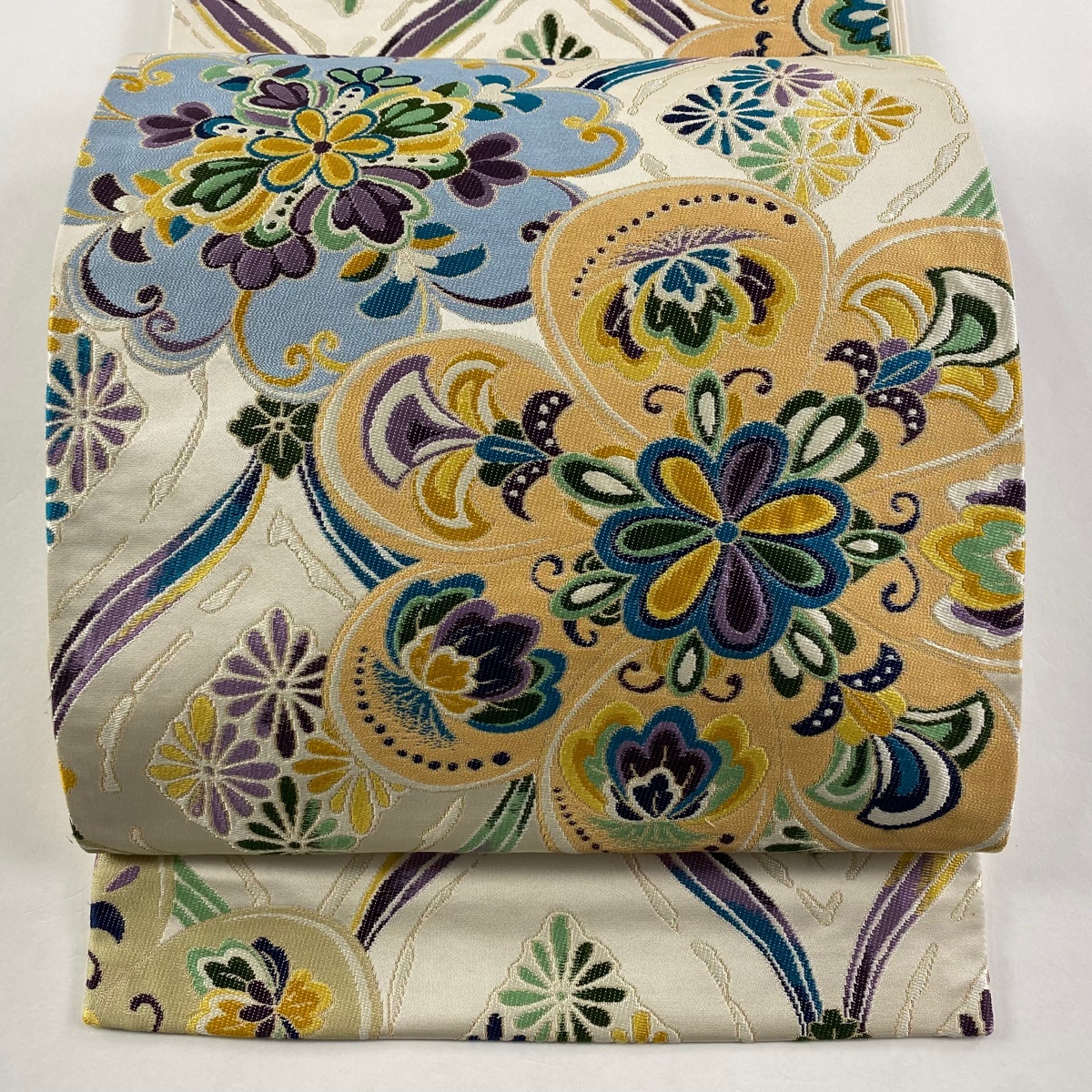 袋帯 逸品 白綾苑大庭 落款 草花 網目文 金糸 クリーム 六通 正絹 【中古】拍卖