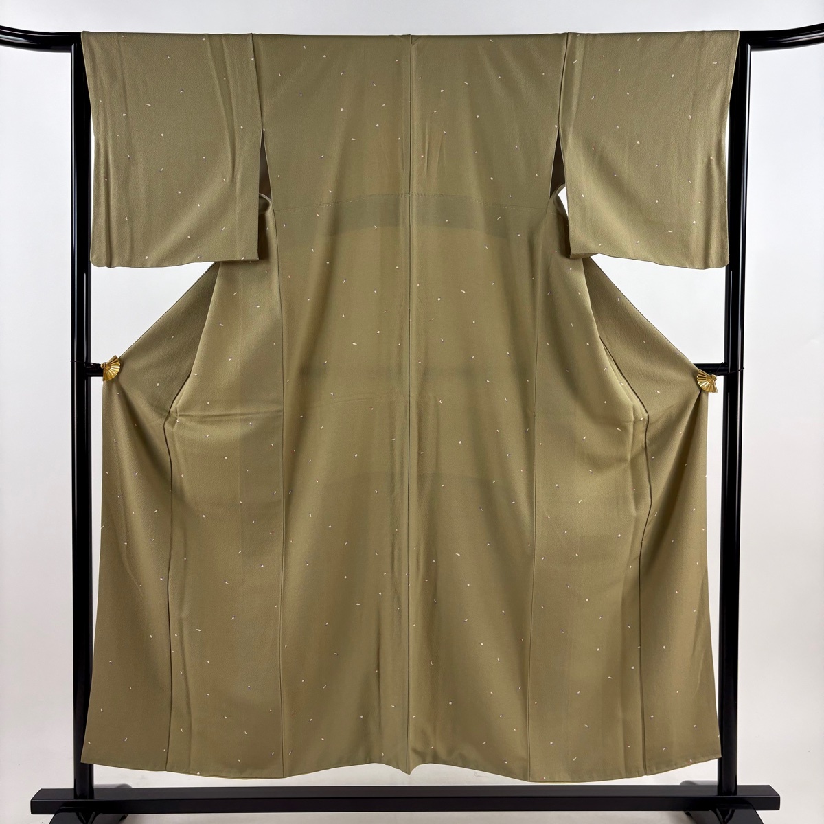 小紋 身丈153cm 裄丈65cm M 袷 ナス 野菜 鶯色 正絹 秀品 【中古】拍卖