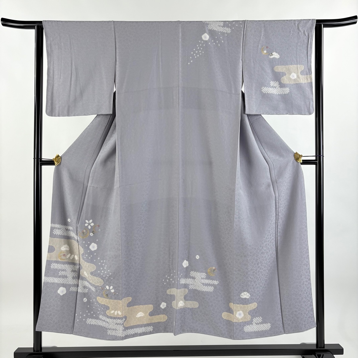 訪問着 身丈150cm 裄丈62cm S 袷 霞 草花 絞り 刺繍 灰紫 正絹 秀品 【中古】拍卖