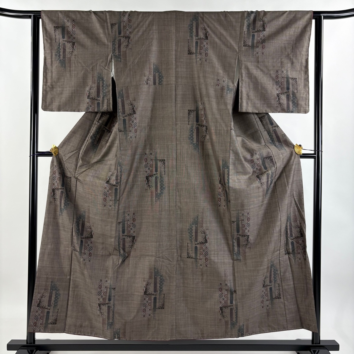 紬 身丈155cm 裄丈63cm S 袷 斜め格子 幾何学 焦茶色 正絹 秀品 【中古】拍卖
